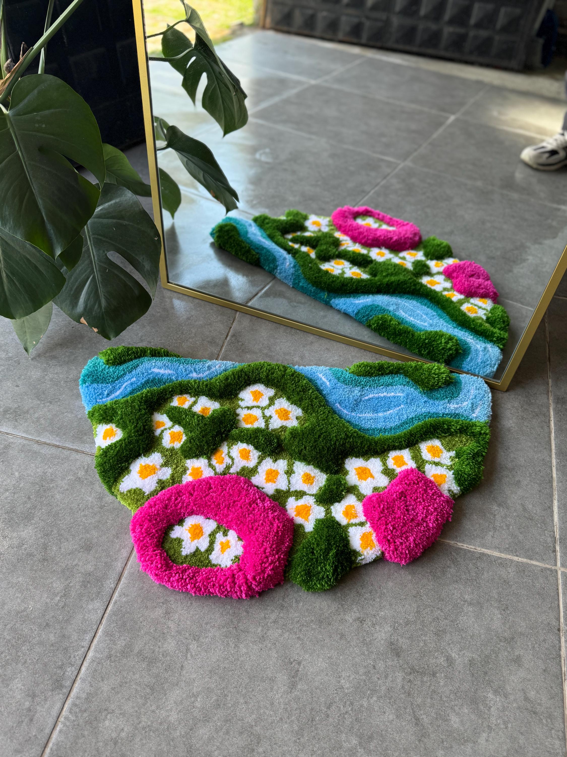 OrnnWorks 3D Daisy in Grass Pink & Green Handmade Tufted Rug