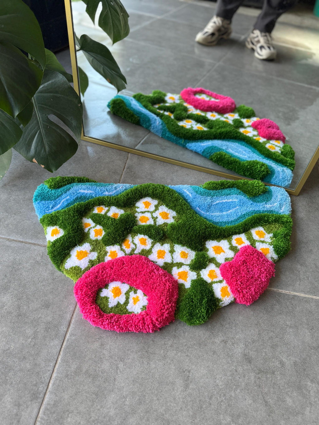 OrnnWorks 3D Daisy in Grass Pink & Green Handmade Tufted Rug