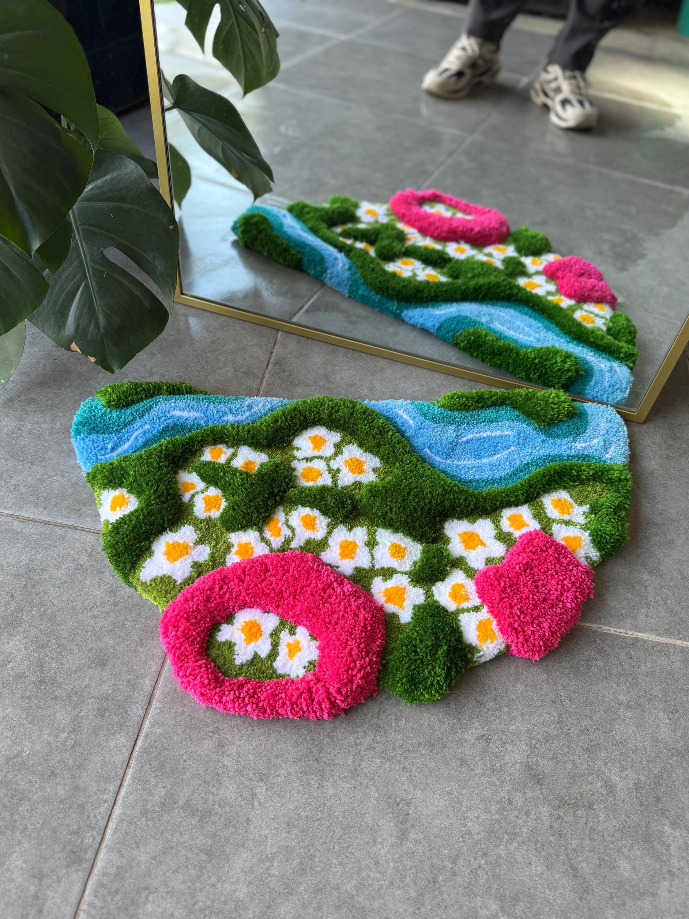 OrnnWorks 3D Daisy in Grass Pink & Green Handmade Tufted Rug