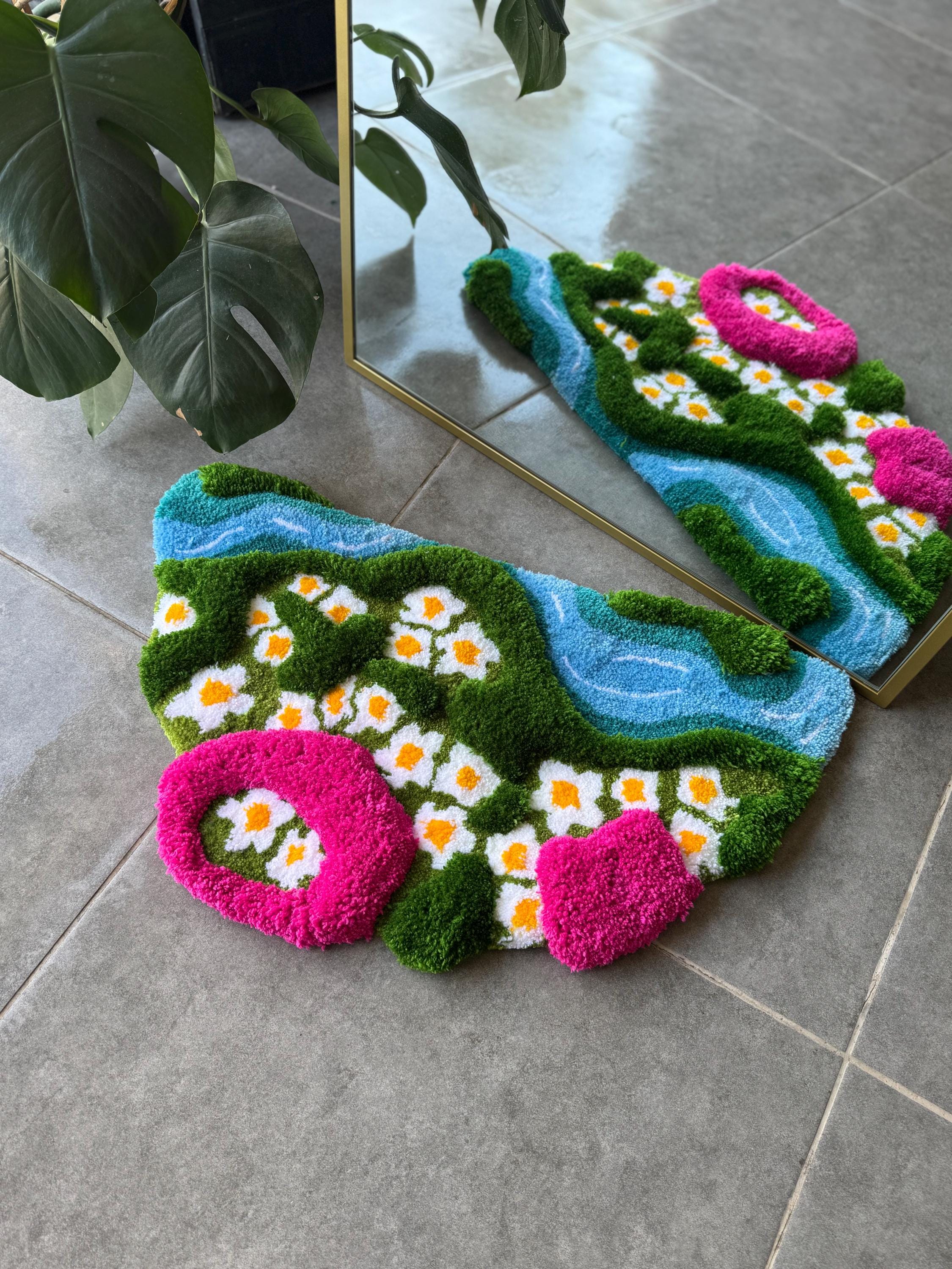 OrnnWorks 3D Daisy in Grass Pink & Green Handmade Tufted Rug