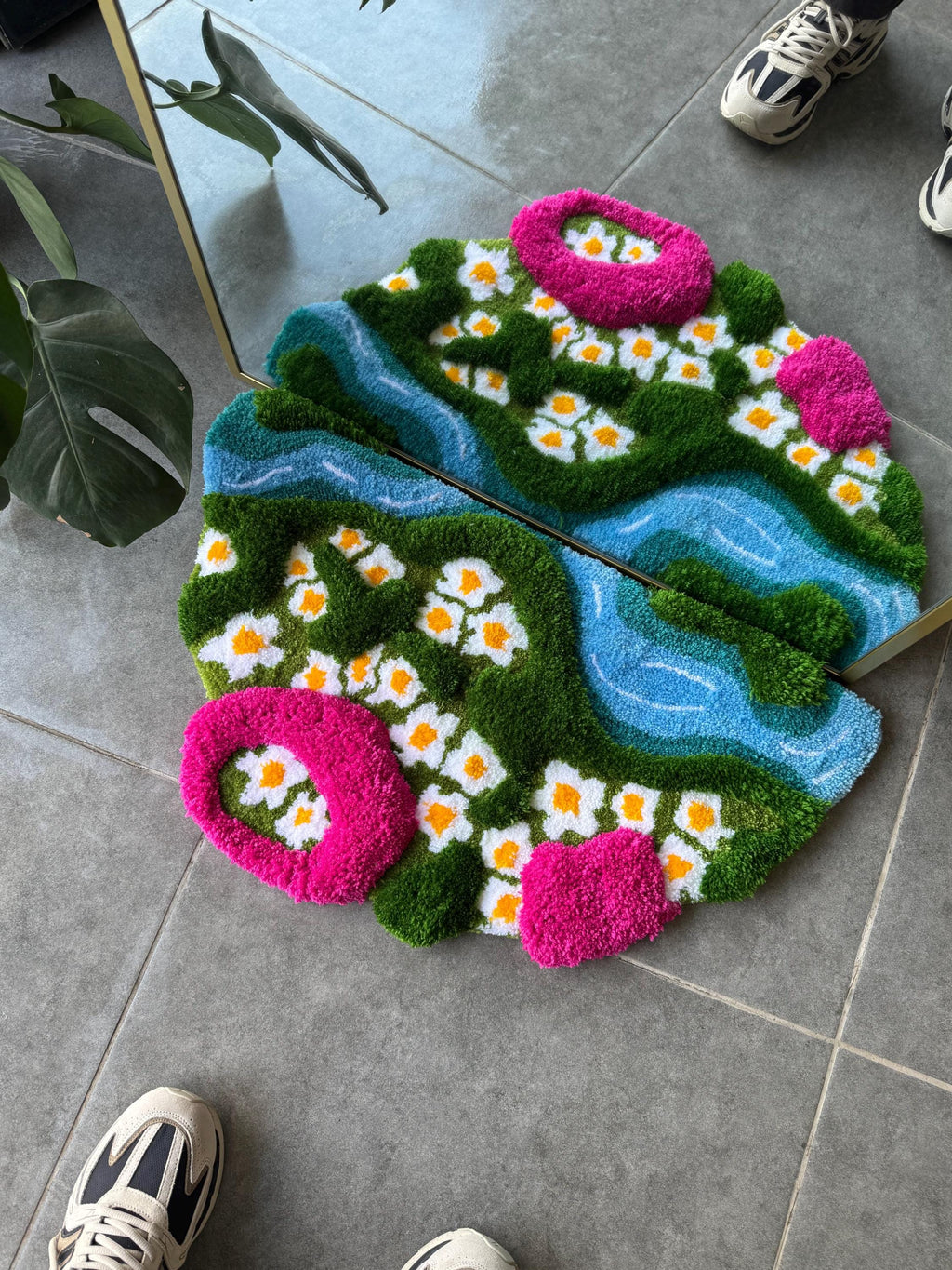 OrnnWorks 3D Daisy in Grass Pink & Green Handmade Tufted Rug