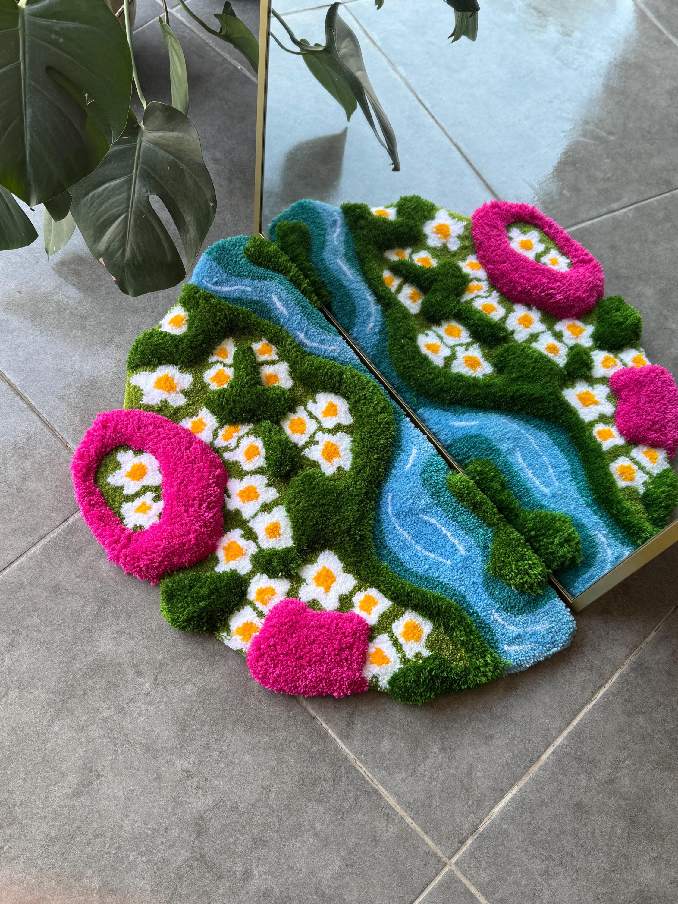 OrnnWorks 3D Daisy in Grass Pink & Green Handmade Tufted Rug