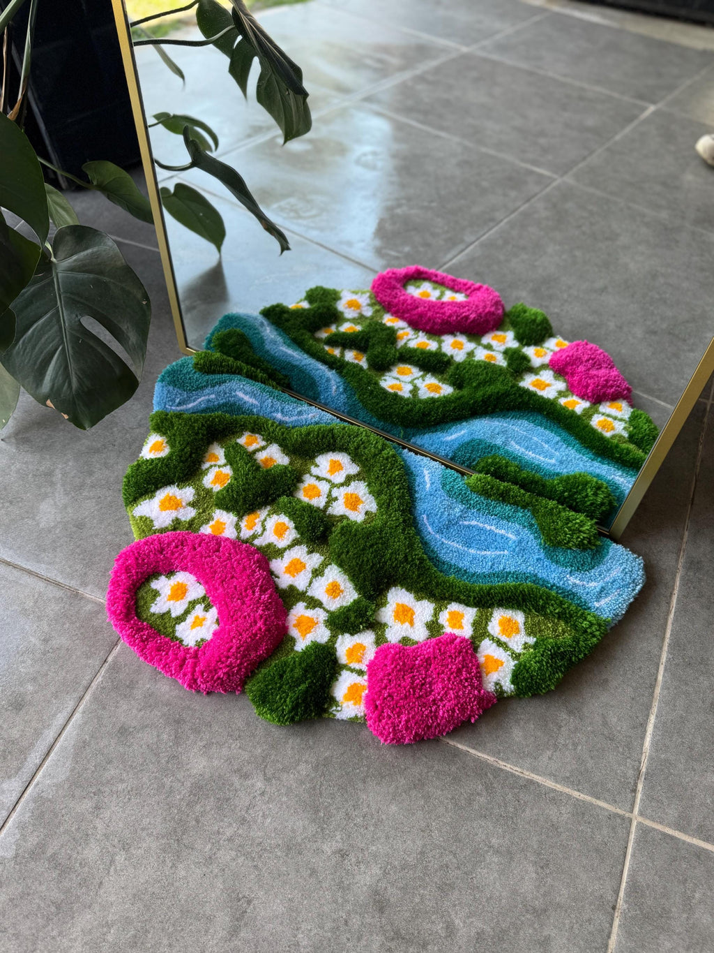 OrnnWorks 3D Daisy in Grass Pink & Green Handmade Tufted Rug