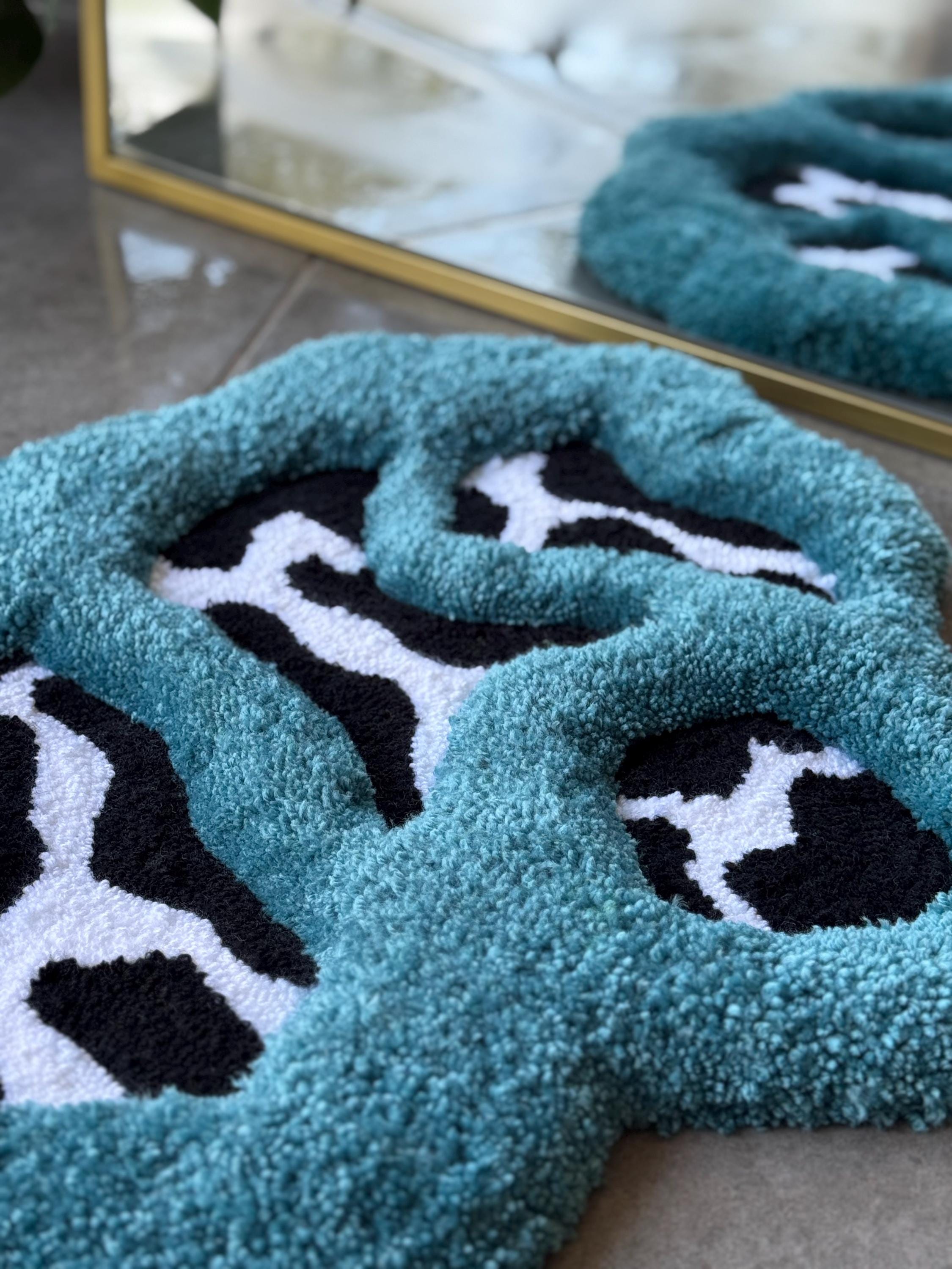 OrnnWorks 3D Blue Abstract Cow Print Handmade Tufted Rug