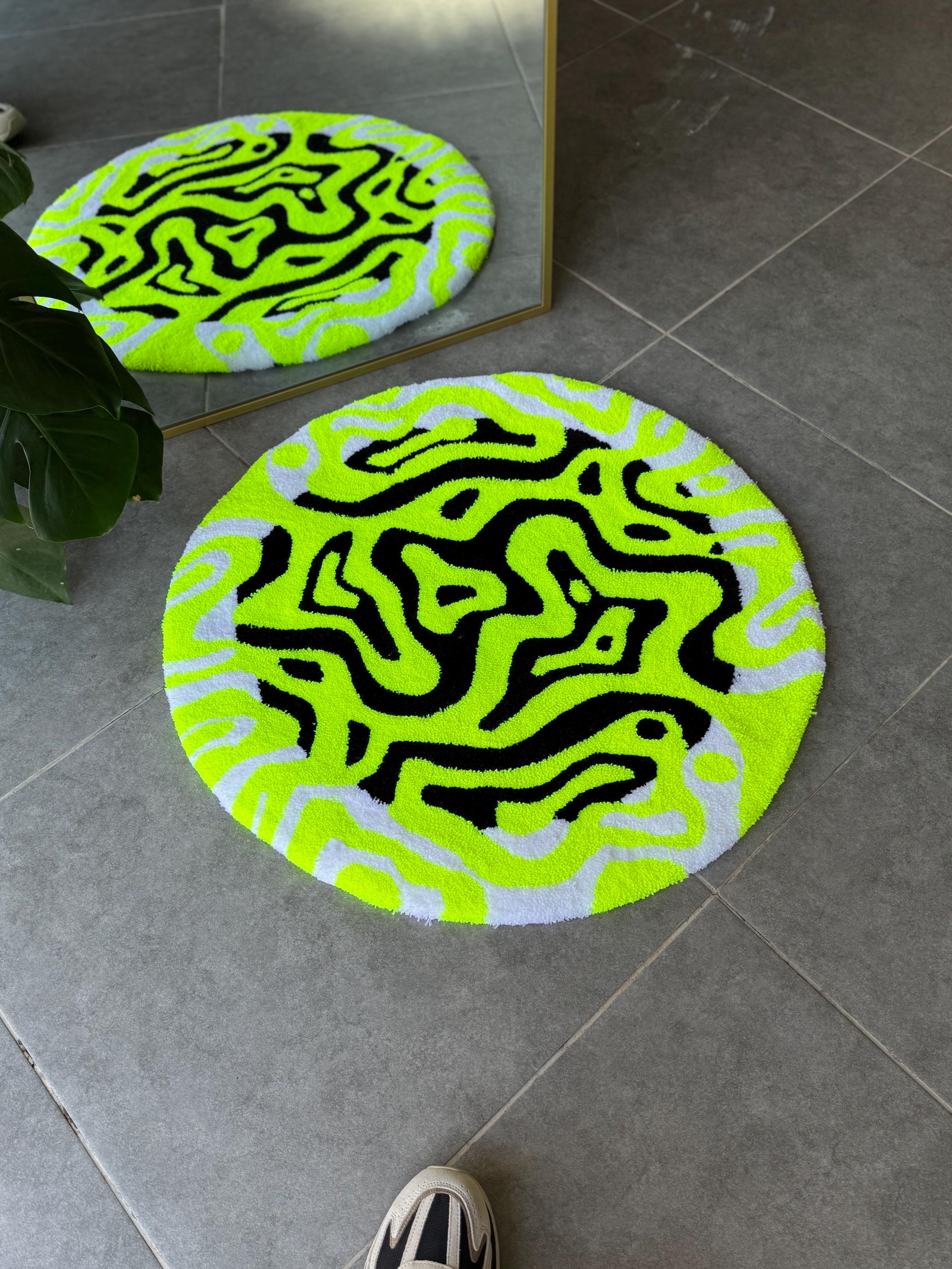 OrnnWorks Neon Energy Round Tufted Rug Handmade Abstract Fluffy Carpet
