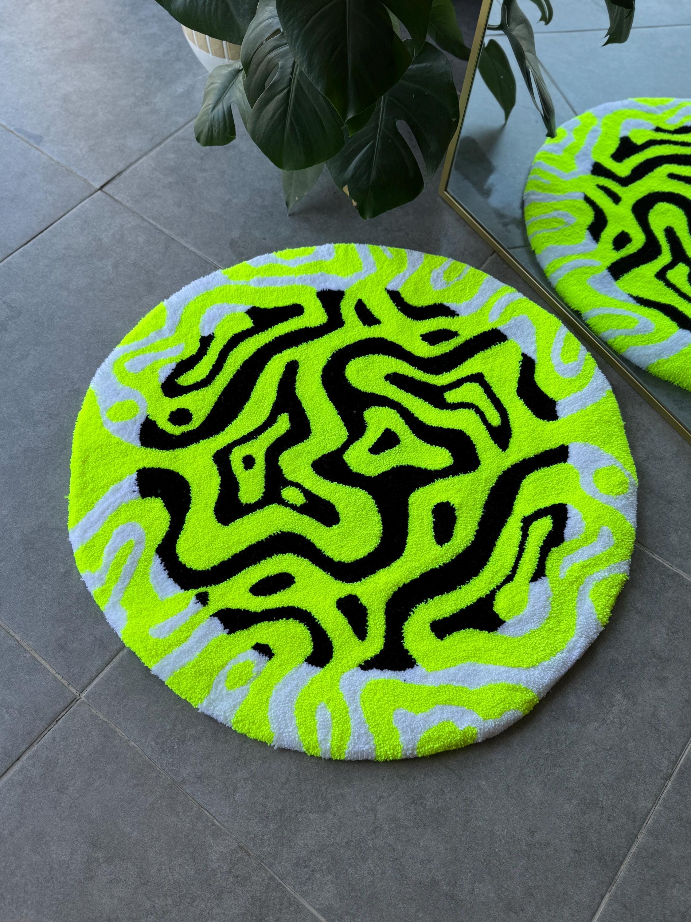 OrnnWorks Neon Energy Round Tufted Rug Handmade Abstract Fluffy Carpet