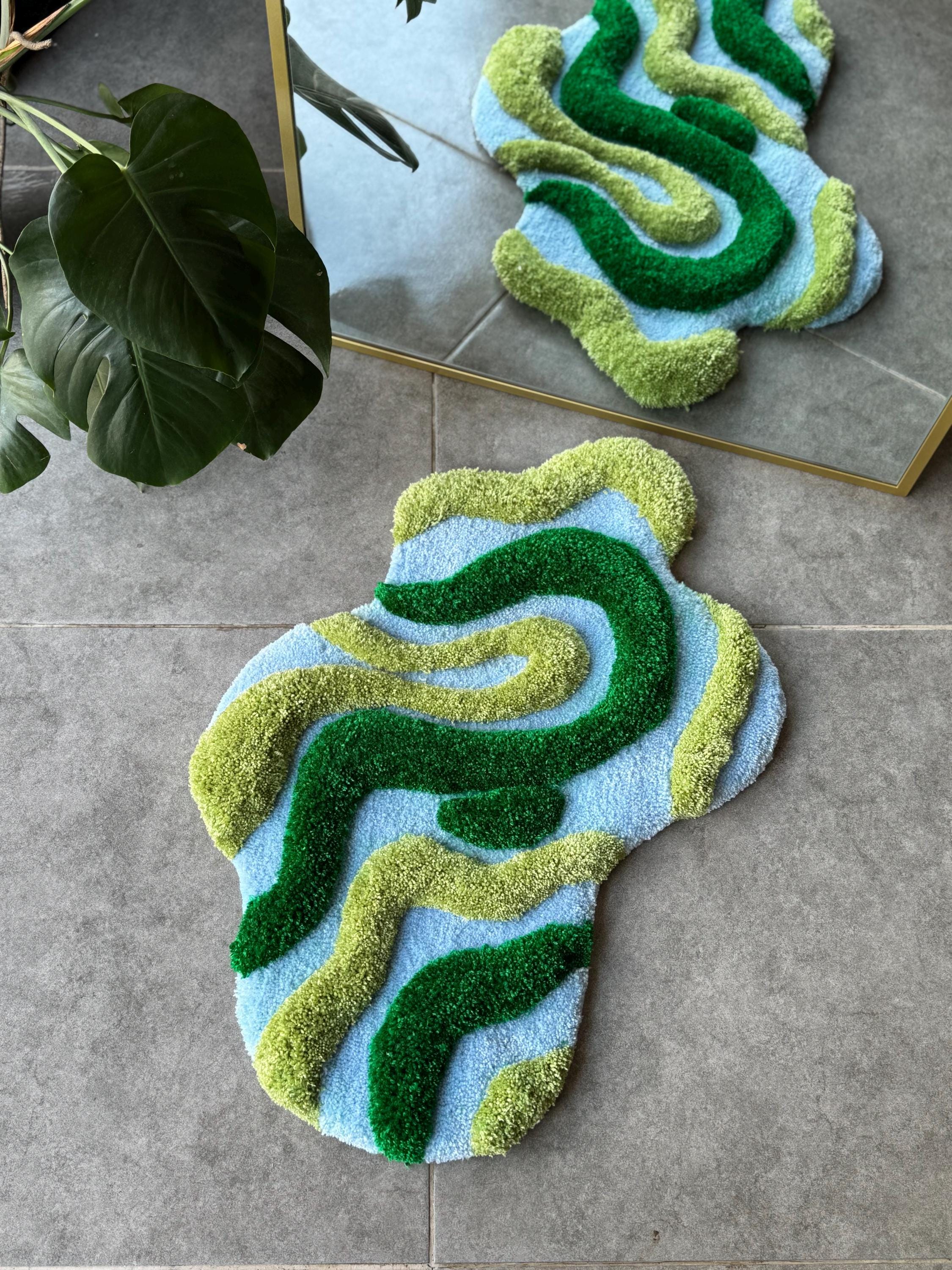 OrnnWorks 3D Green & Blue Textured Handmade Tufted Rug