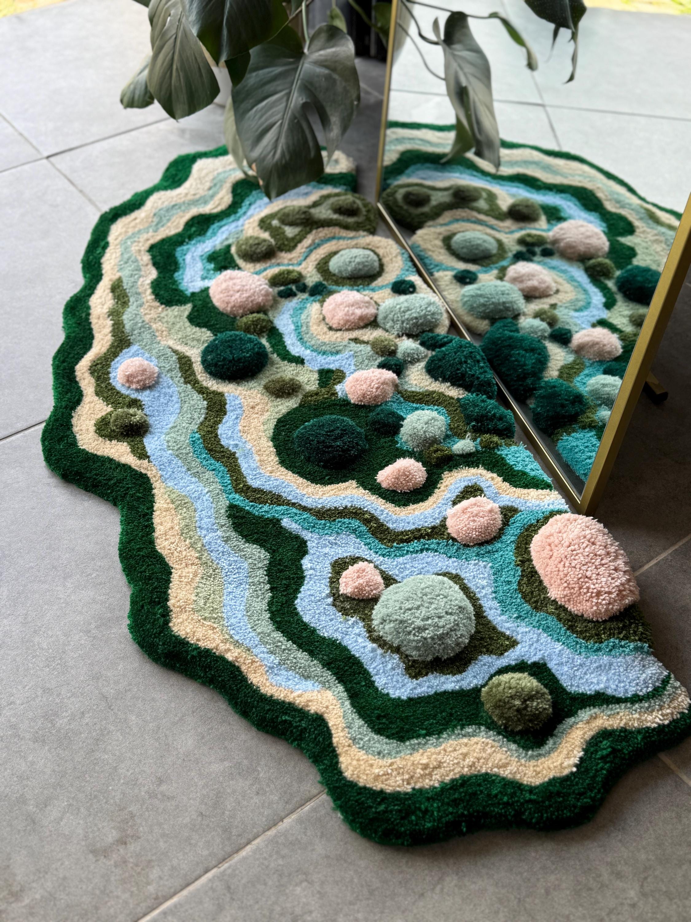 OrnnWorks Pastel Handmade Tufted Rug Blue Pink Green Floor Art