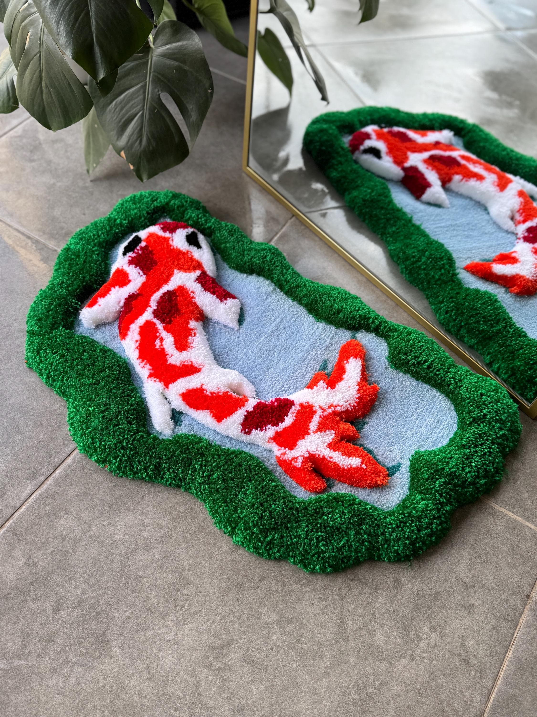 OrnnWorks 3D Koi Fish Handmade Tufted Rug Greenery Floor Art