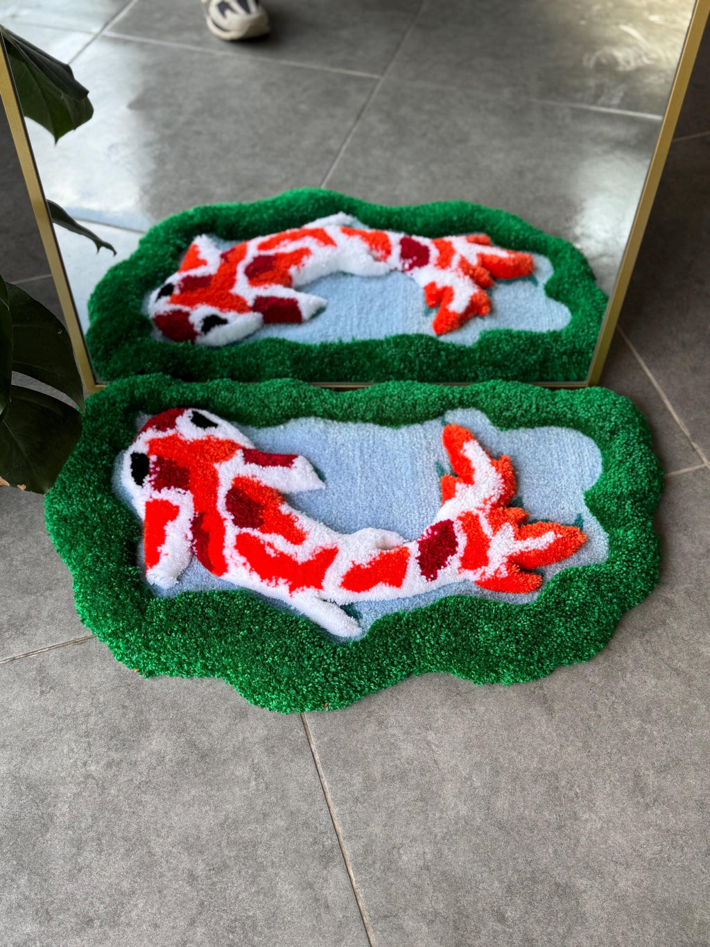 OrnnWorks 3D Koi Fish Handmade Tufted Rug Greenery Floor Art