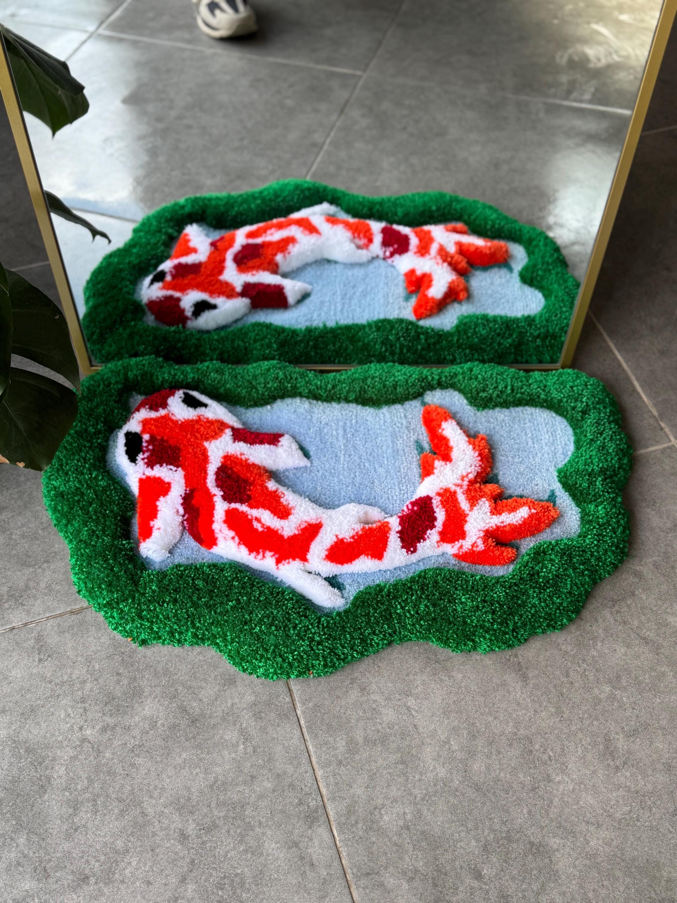 OrnnWorks 3D Koi Fish Handmade Tufted Rug Greenery Floor Art