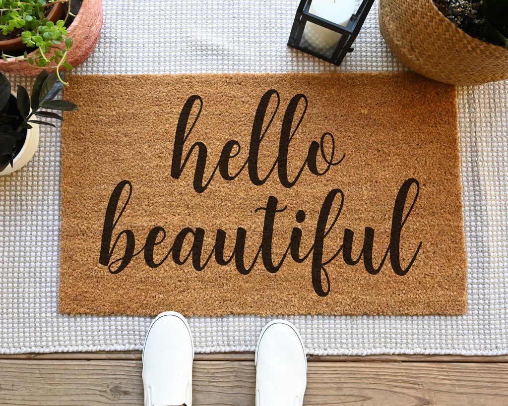 HamlinRowShop Hello Beautiful Coir Doormat Natural Fiber Welcome Mat