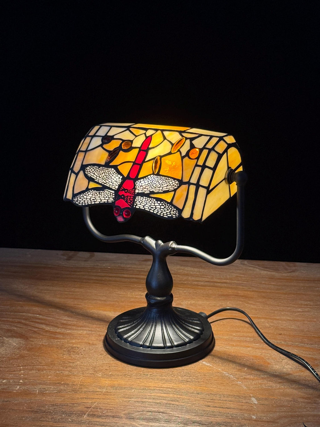 U2Antique Tiffany Banker Dragonfly Stained Glass Table Lamp Yellow