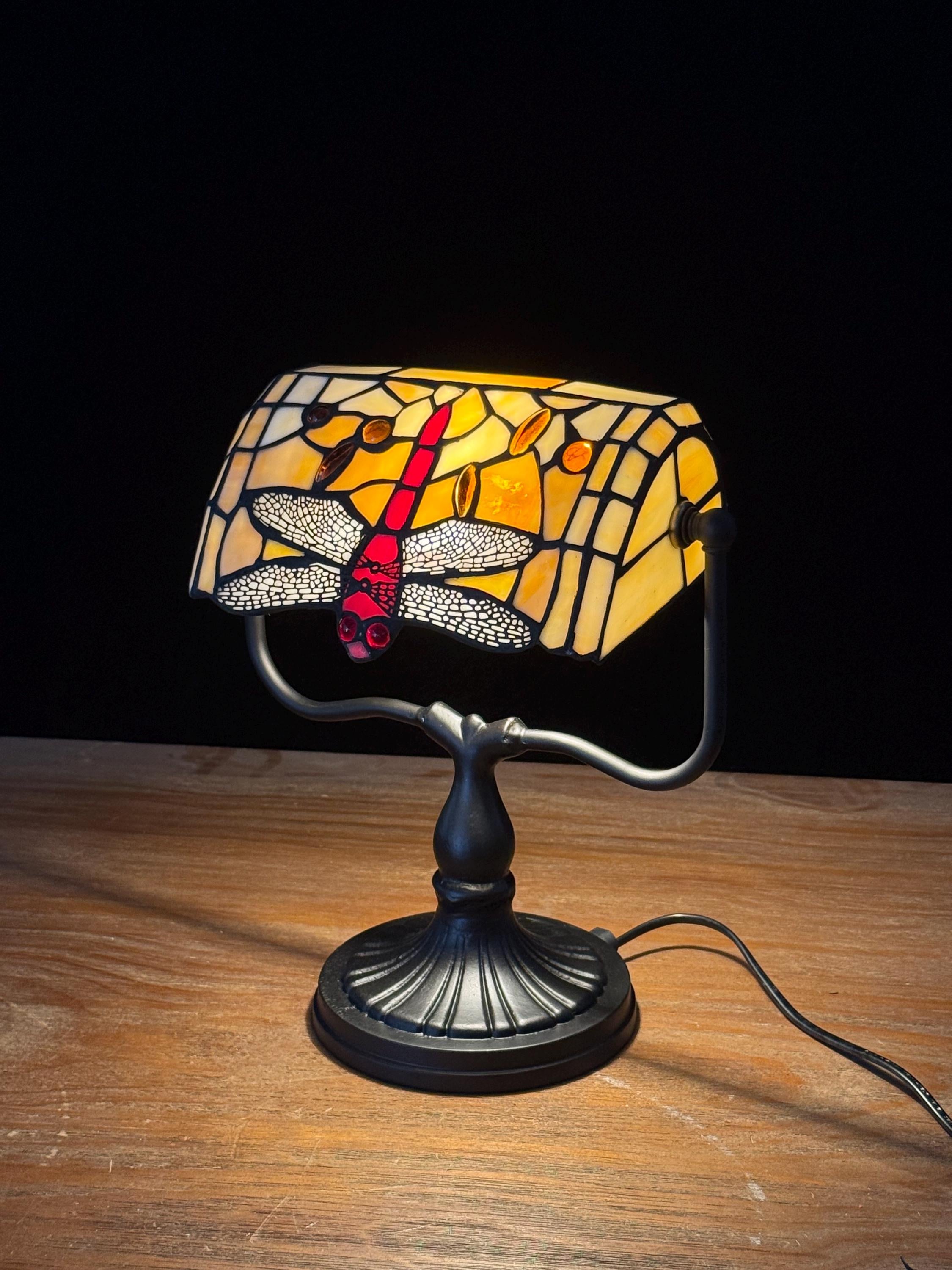 U2Antique Tiffany Banker Dragonfly Stained Glass Table Lamp Yellow