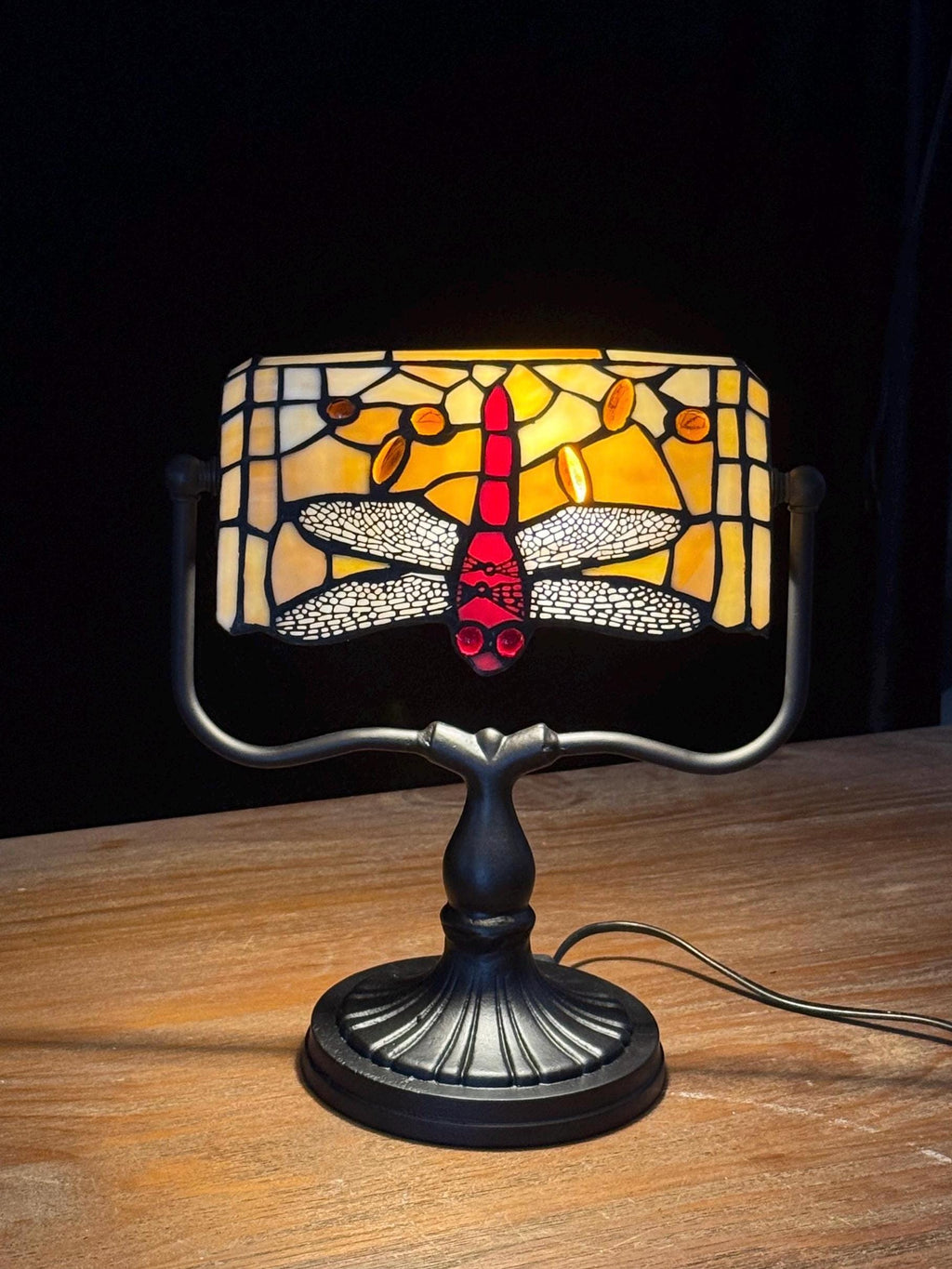 U2Antique Tiffany Banker Dragonfly Stained Glass Table Lamp Yellow