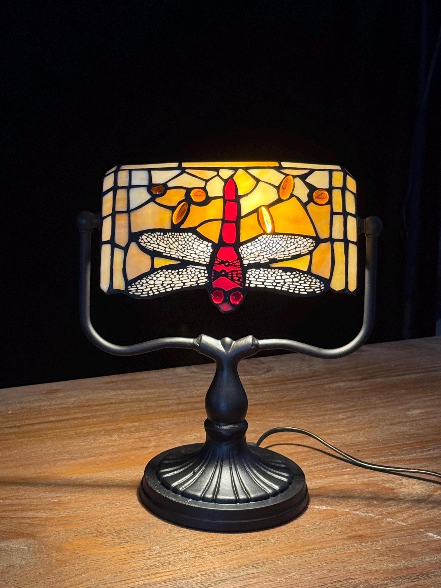 U2Antique Tiffany Banker Dragonfly Stained Glass Table Lamp Yellow