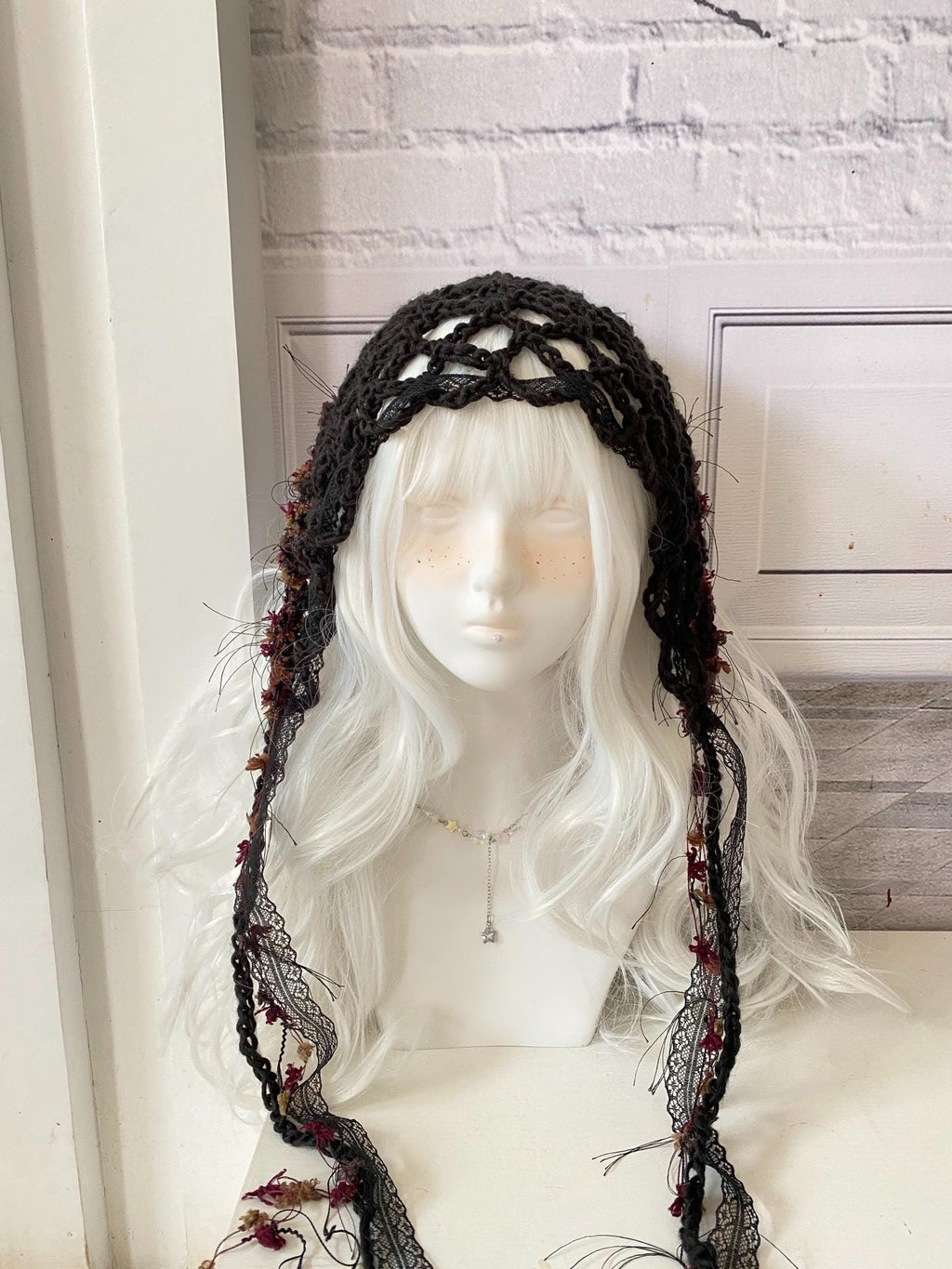 Y2K Black Crochet Triangle Headscarf Gothic Boho Hair Wrap