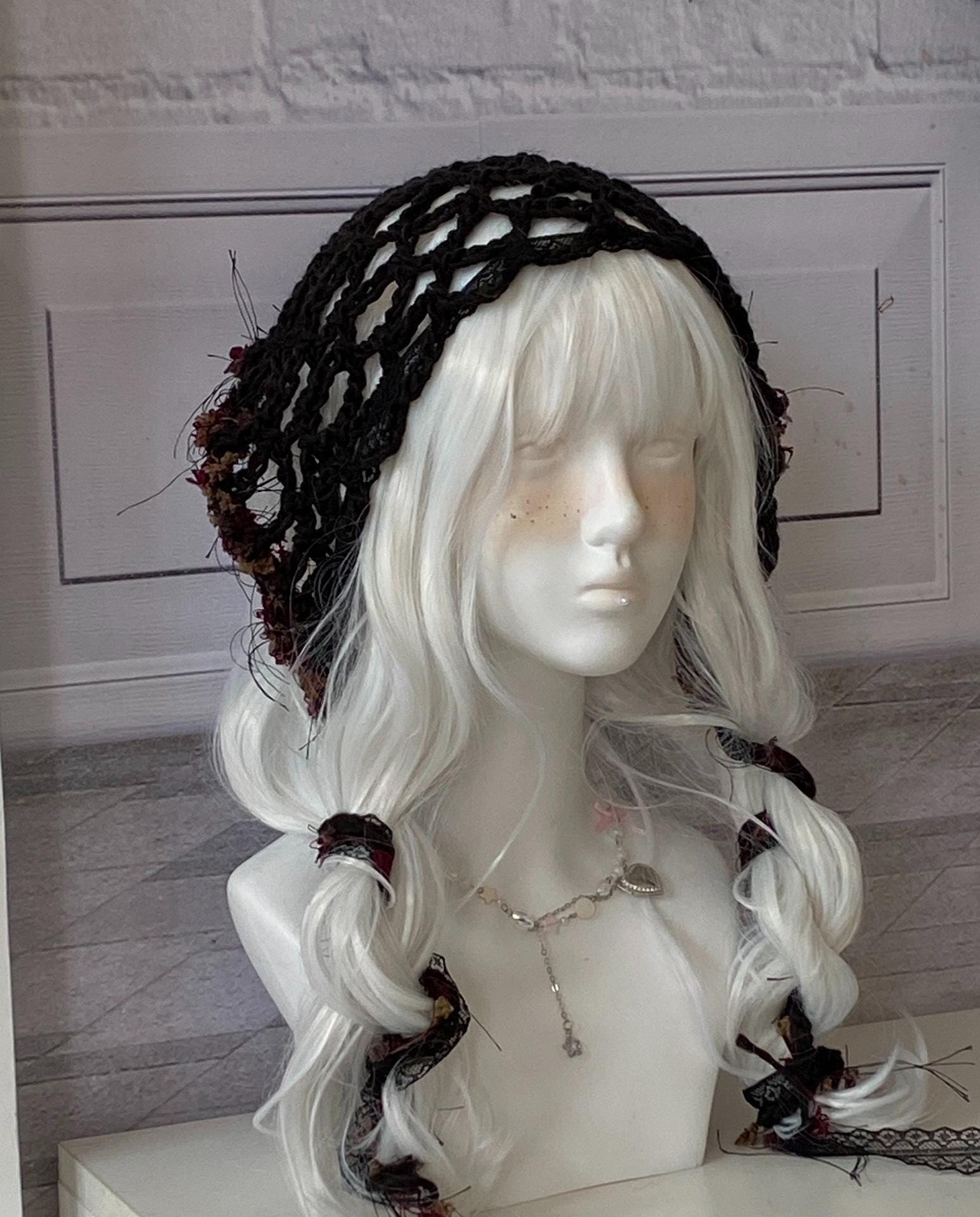 Y2K Black Crochet Triangle Headscarf Gothic Boho Hair Wrap