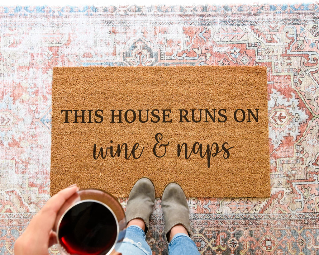 HamlinRowShop Funny Wine & Naps Coir Doormat Natural Fiber