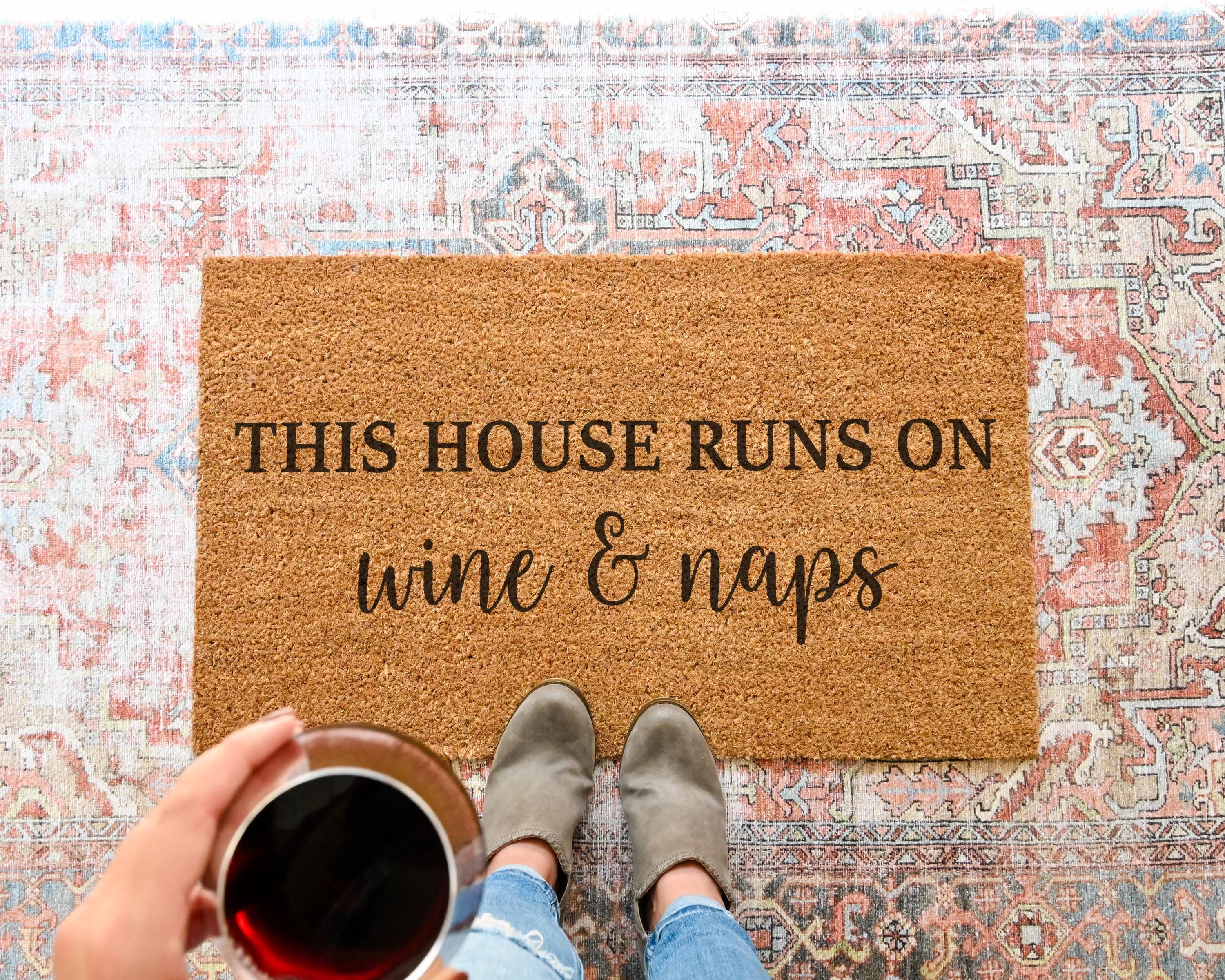 HamlinRowShop Funny Wine & Naps Coir Doormat Natural Fiber