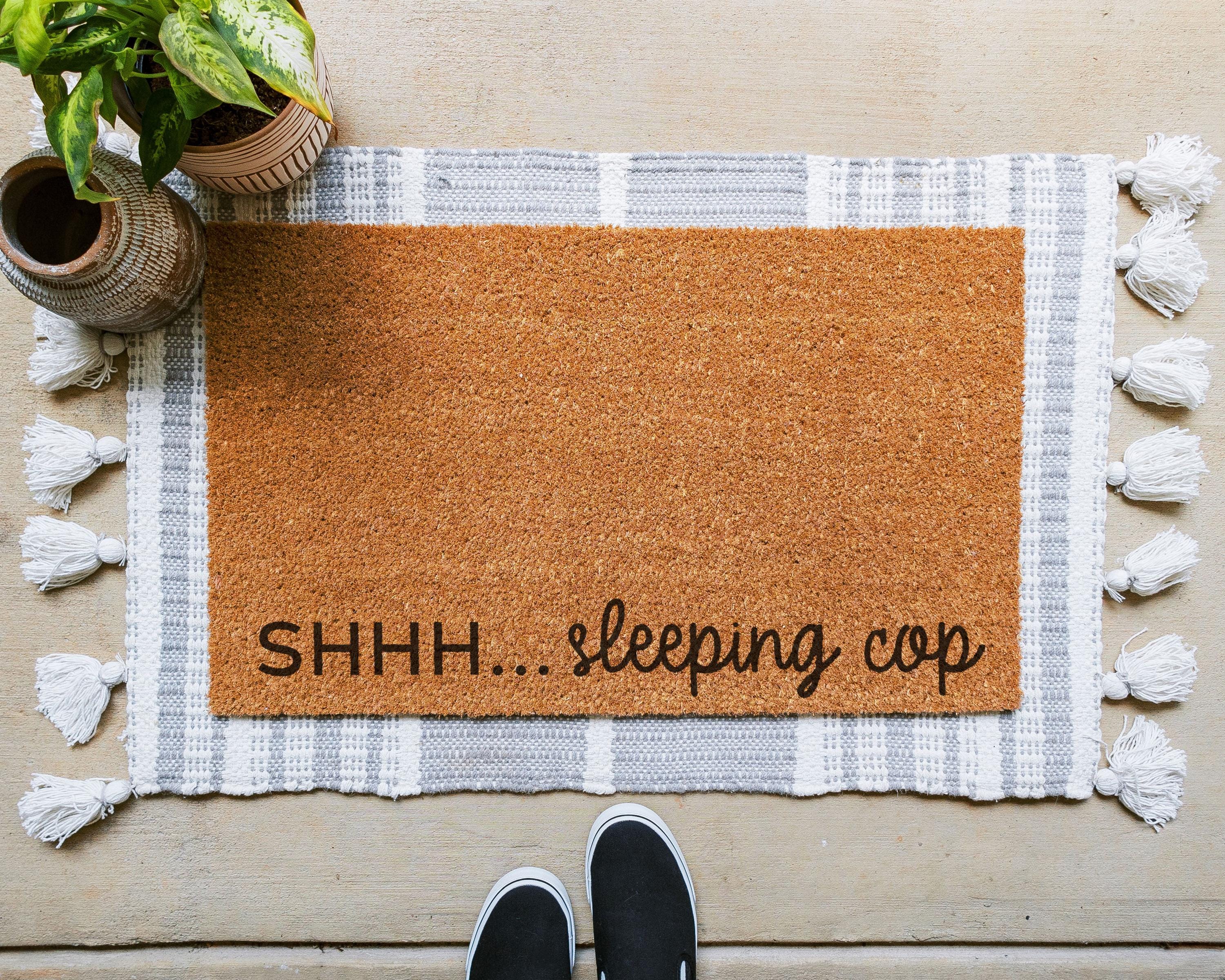 HamlinRowShop Sleeping Cop Coir Doormat Funny Front Porch Decor