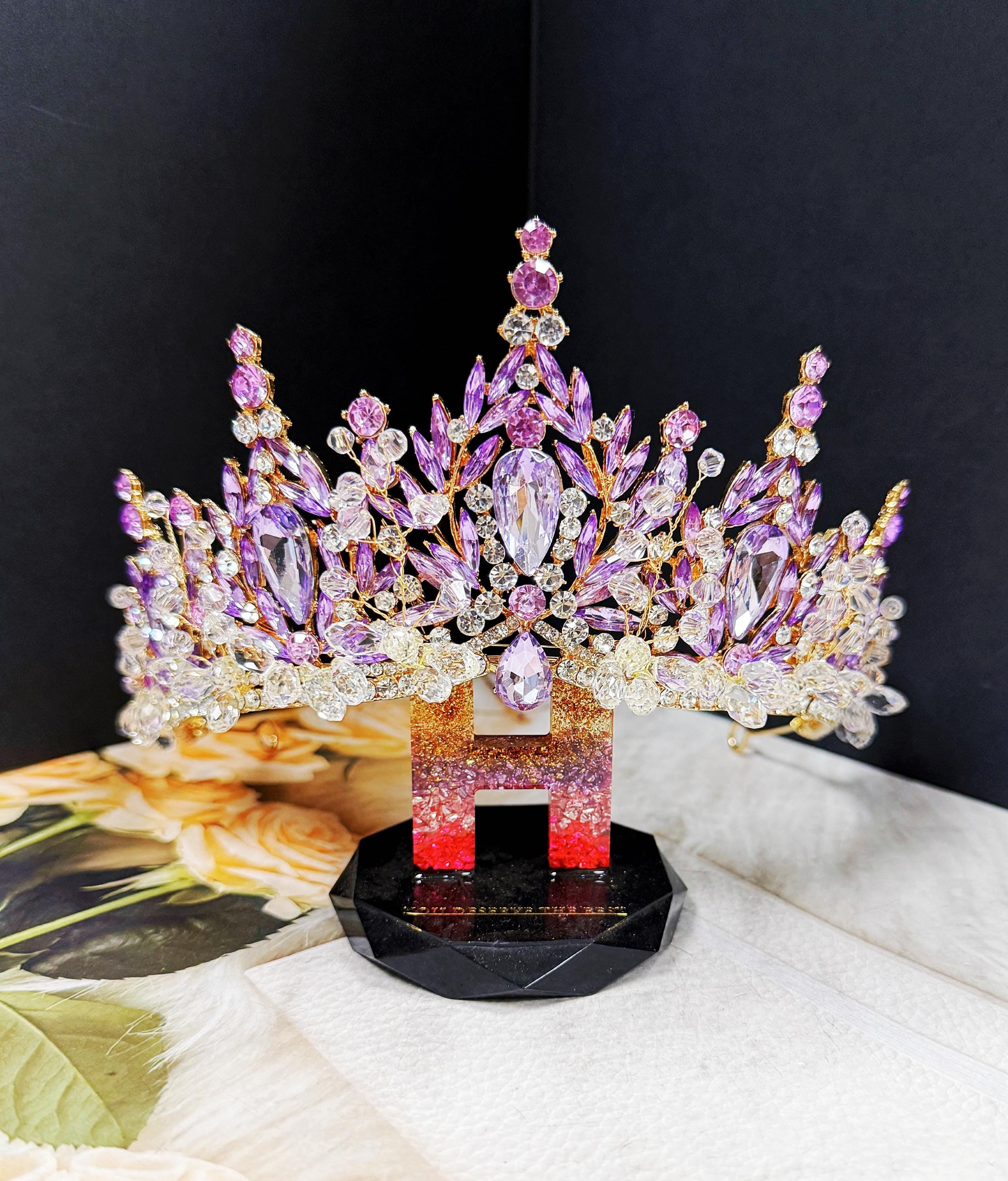 HappyJewelryWorld Purple Crystal Tiara Gold Crown Amethyst