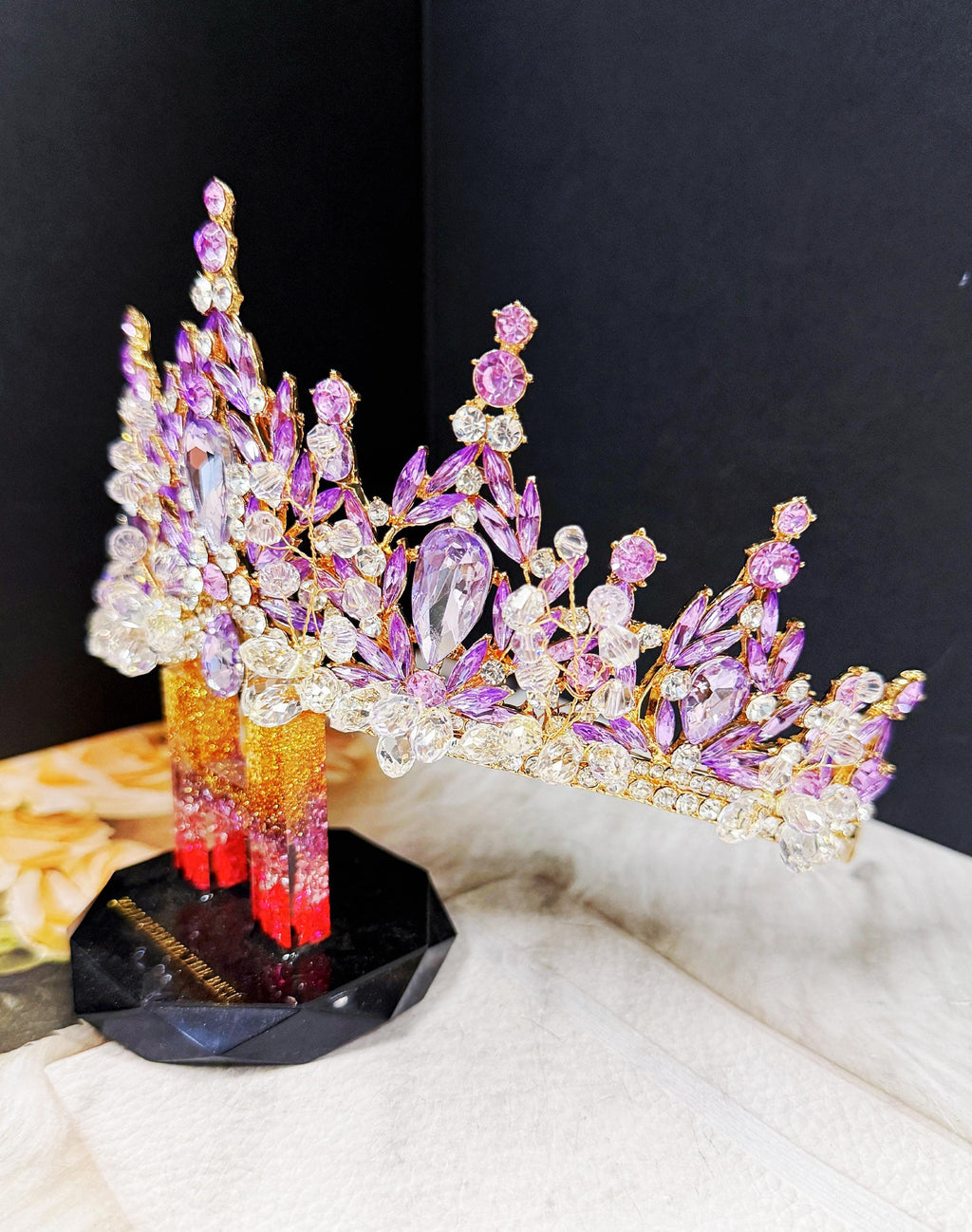 HappyJewelryWorld Purple Crystal Tiara Gold Crown Amethyst