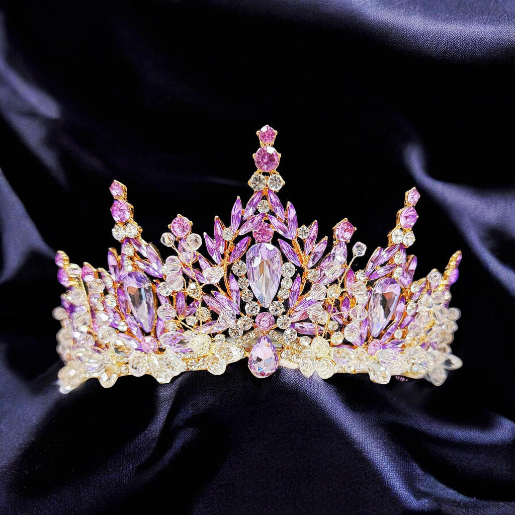 HappyJewelryWorld Purple Crystal Tiara Gold Crown Amethyst