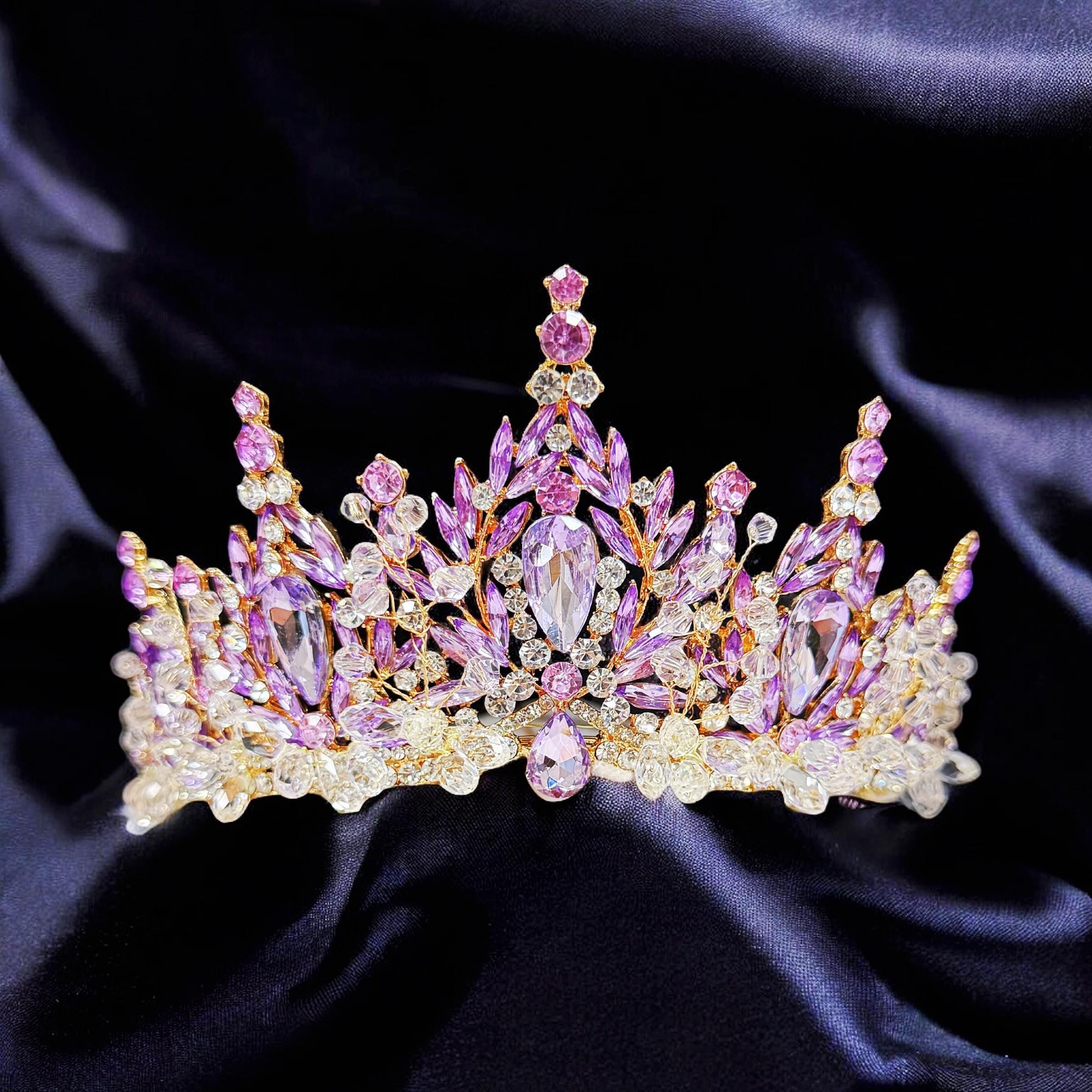 HappyJewelryWorld Purple Crystal Tiara Gold Crown Amethyst