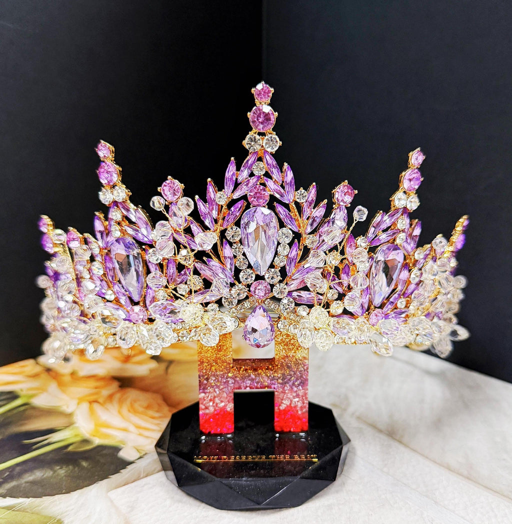 HappyJewelryWorld Purple Crystal Tiara Gold Crown Amethyst