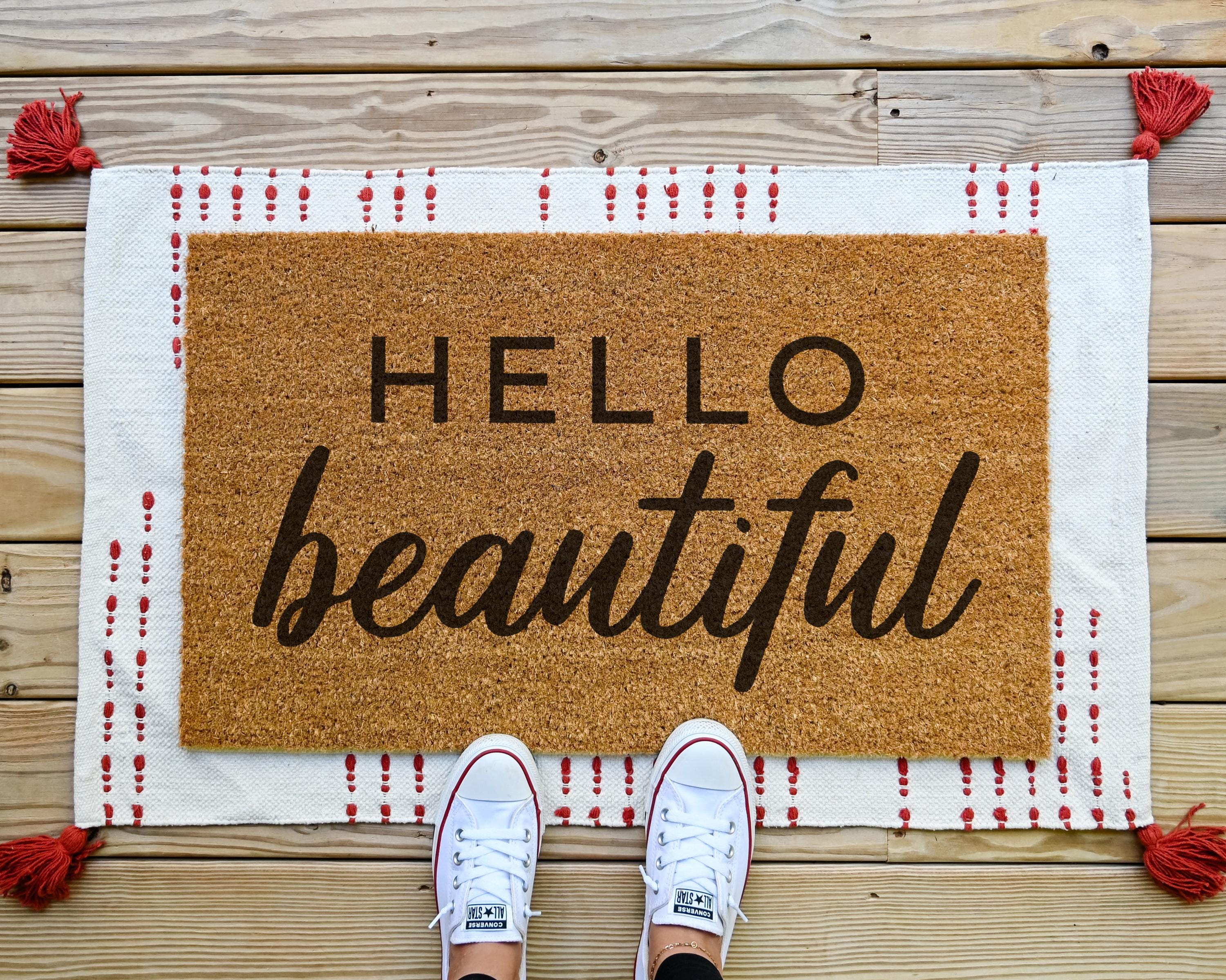 Hello Beautiful Coir Doormat, Cute Welcome Mat for Front Porch