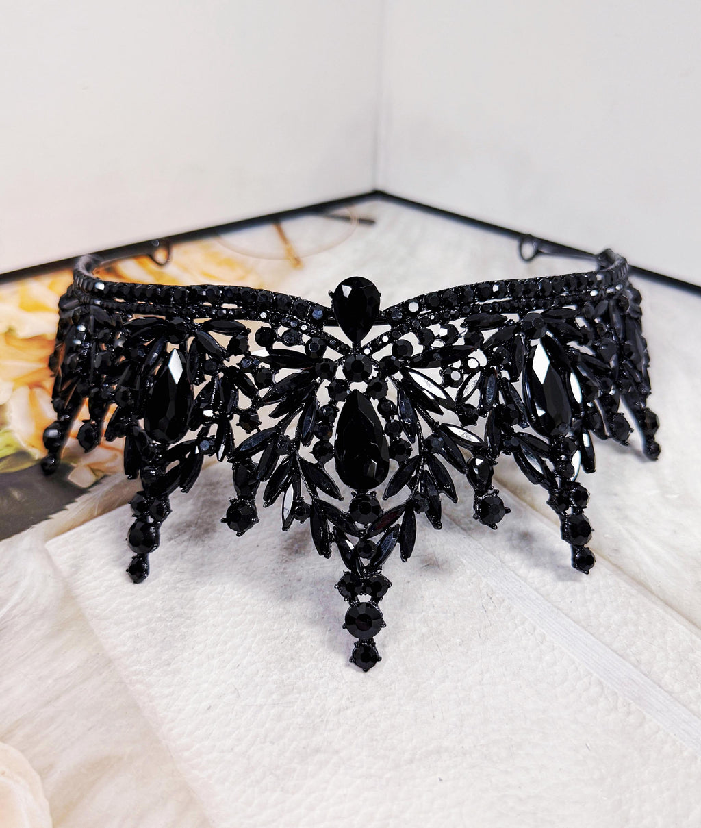 HappyJewelryWorld Black Crystal Tiara Gothic Queen Crown Black