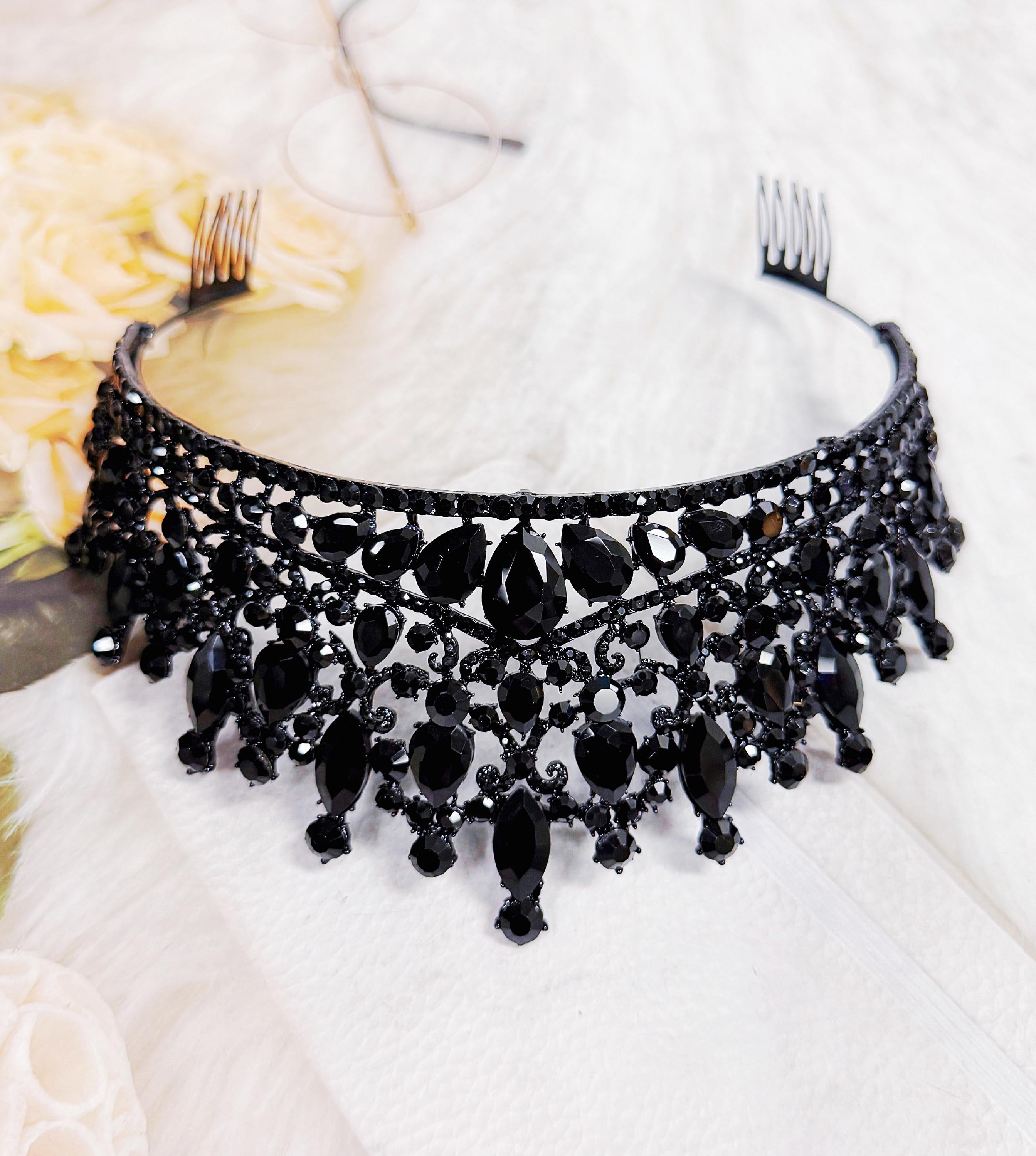 Gothic Wedding Tiara, Witch Queen Black Crystal Crown, Costume Headpiece