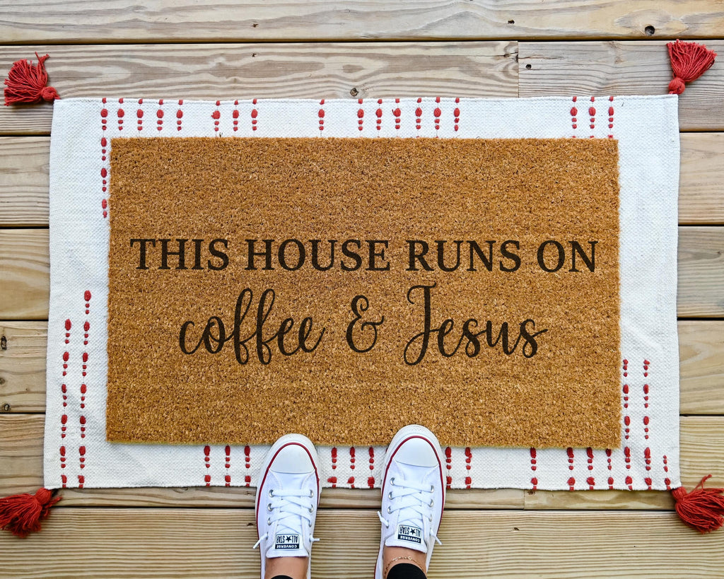 HamlinRowShop Funny Coffee & Jesus Coir Doormat Front Porch Decor