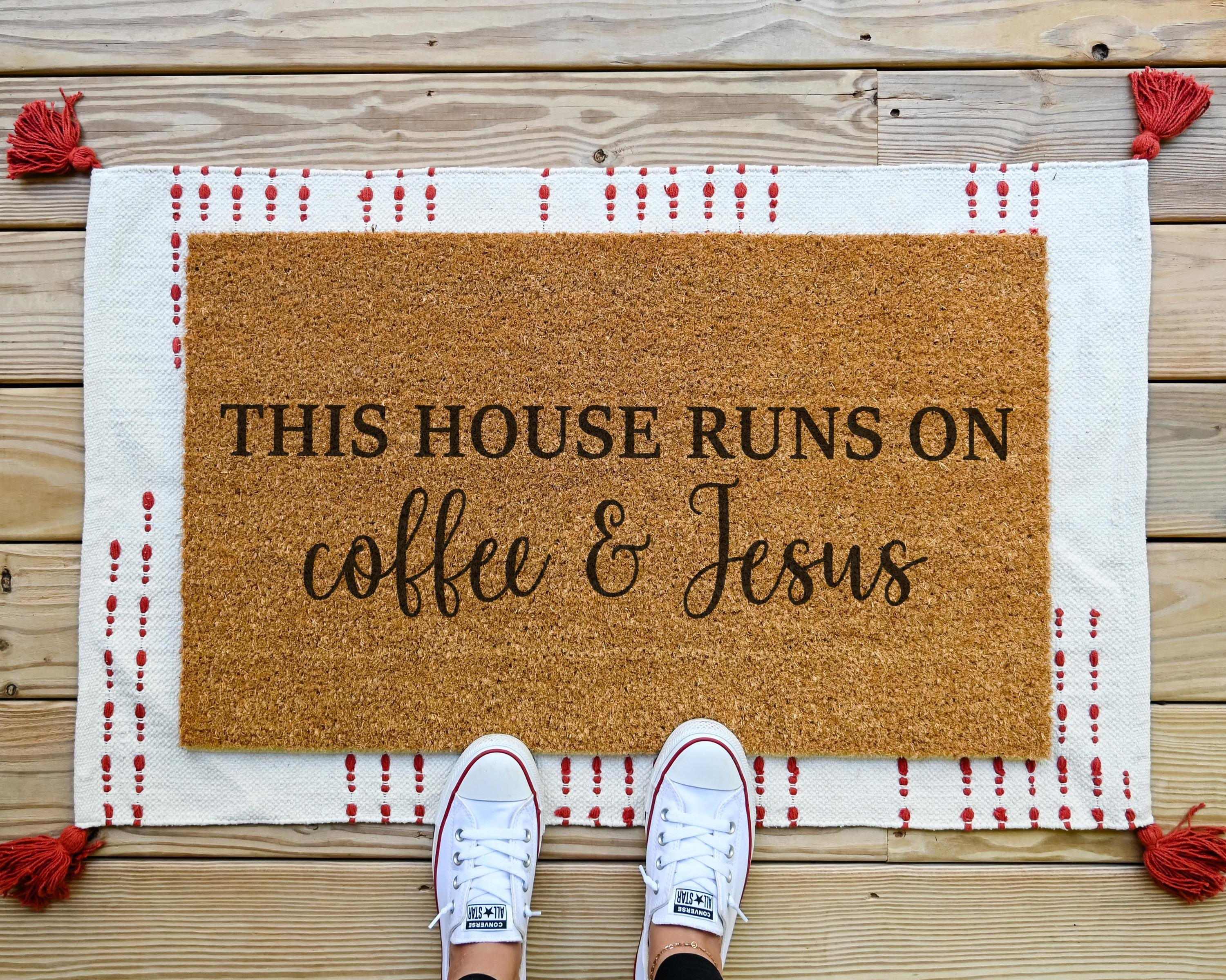 HamlinRowShop Funny Coffee & Jesus Coir Doormat Front Porch Decor