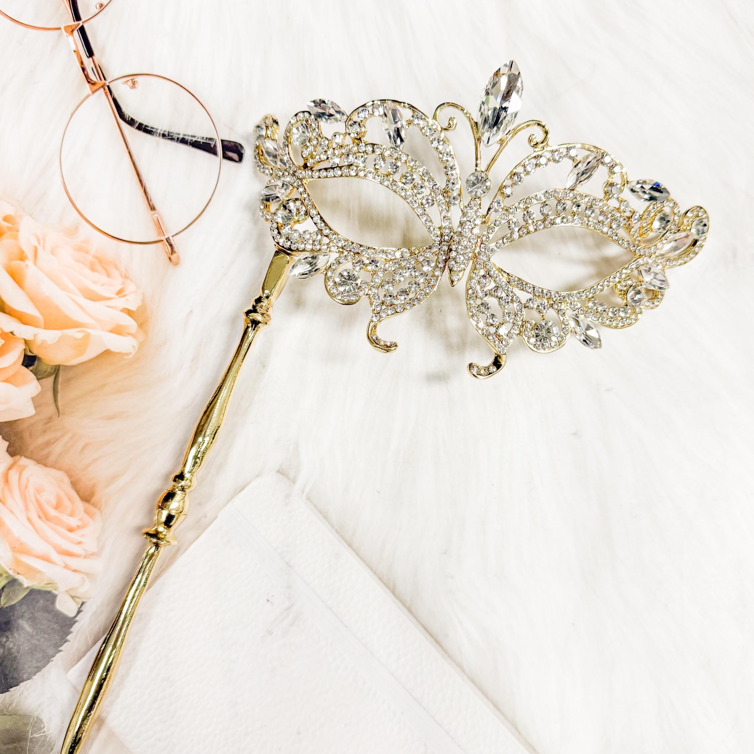 HappyJewelryWorld Crystal Butterfly Masquerade Mask With Gold Stick
