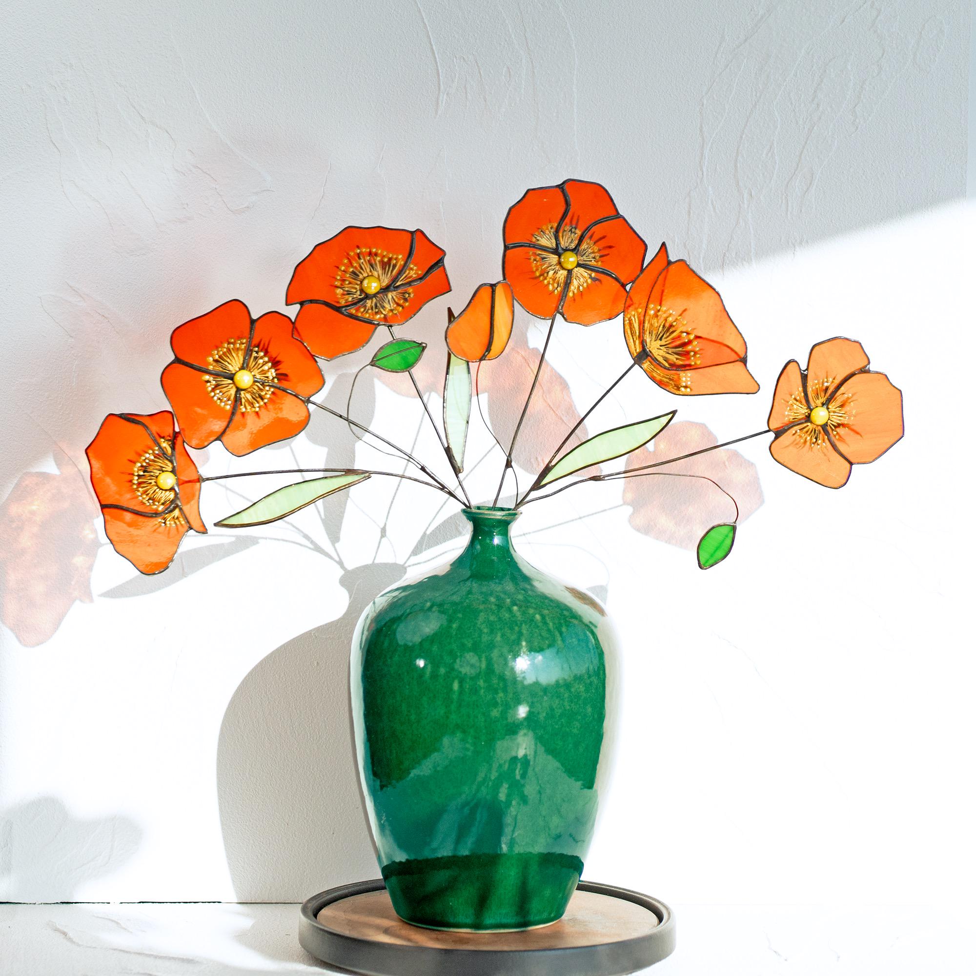 RainLine Handmade Stained Glass Poppy Flower Bouquet Stake Sun Catcher Set
