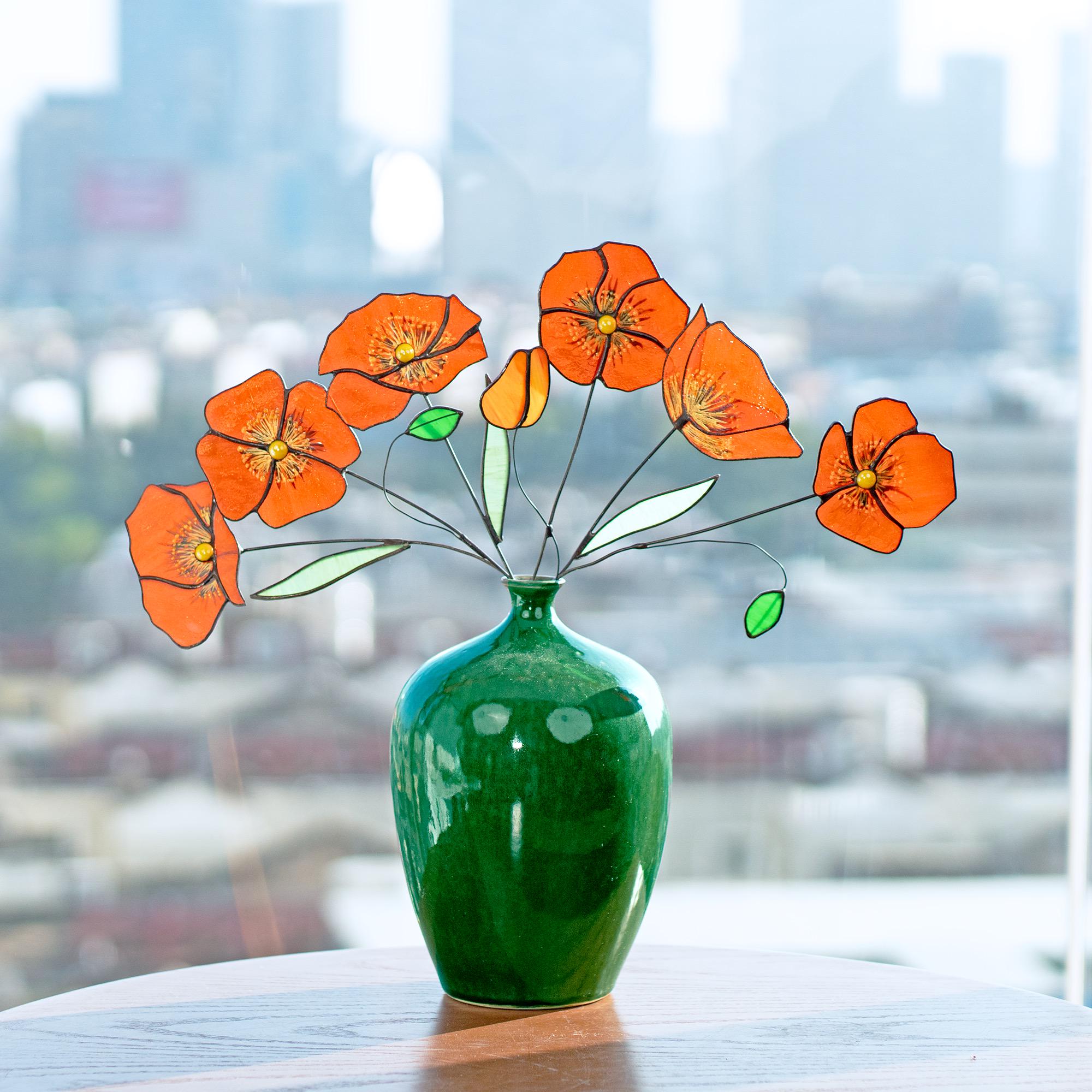 RainLine Handmade Stained Glass Poppy Flower Bouquet Stake Sun Catcher Set