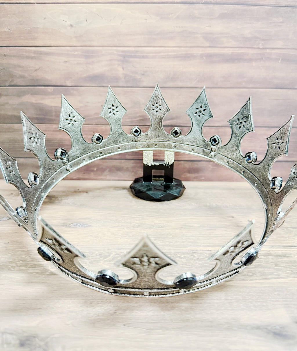 Vintage Silver Iron Medieval Crown, Renaissance Costume Accessory, Black Stone