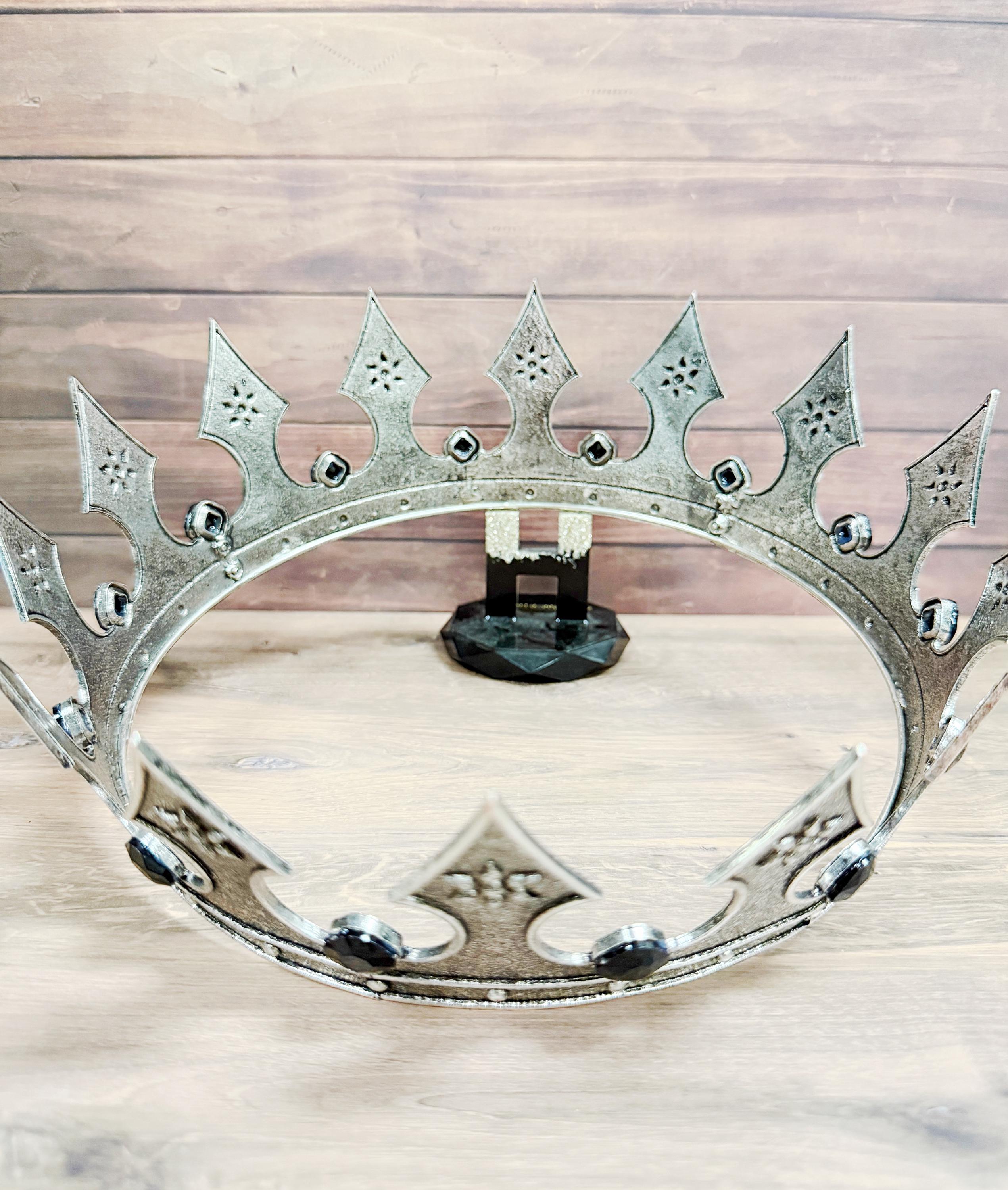 Vintage Silver Iron Medieval Crown, Renaissance Costume Accessory, Black Stone