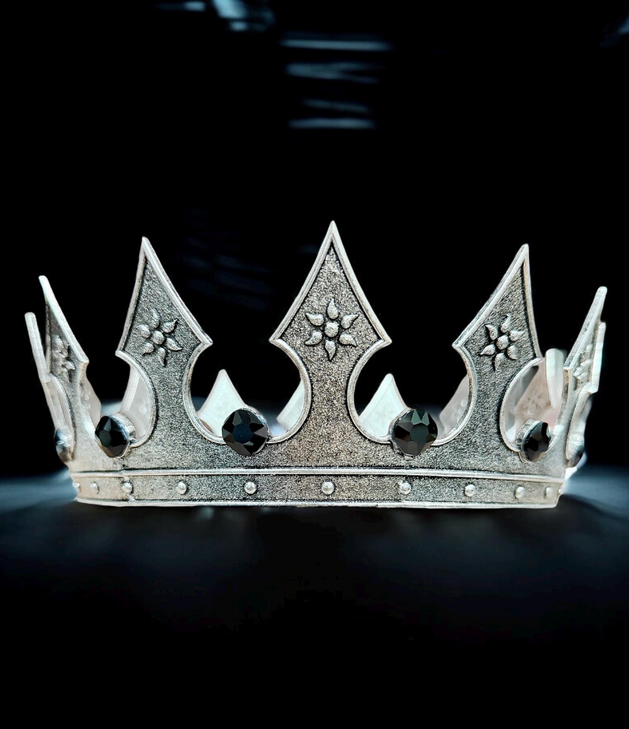 Vintage Silver Iron Medieval Crown, Renaissance Costume Accessory, Black Stone