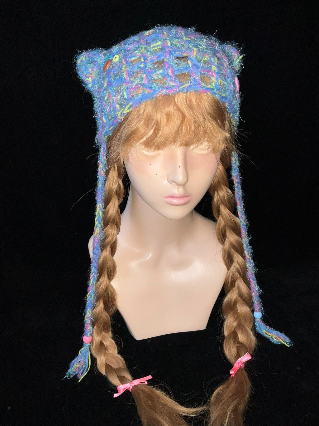 StellarPride Handmade Rainbow Knit Cat Ear Beanie - Whimsical Summer Hat