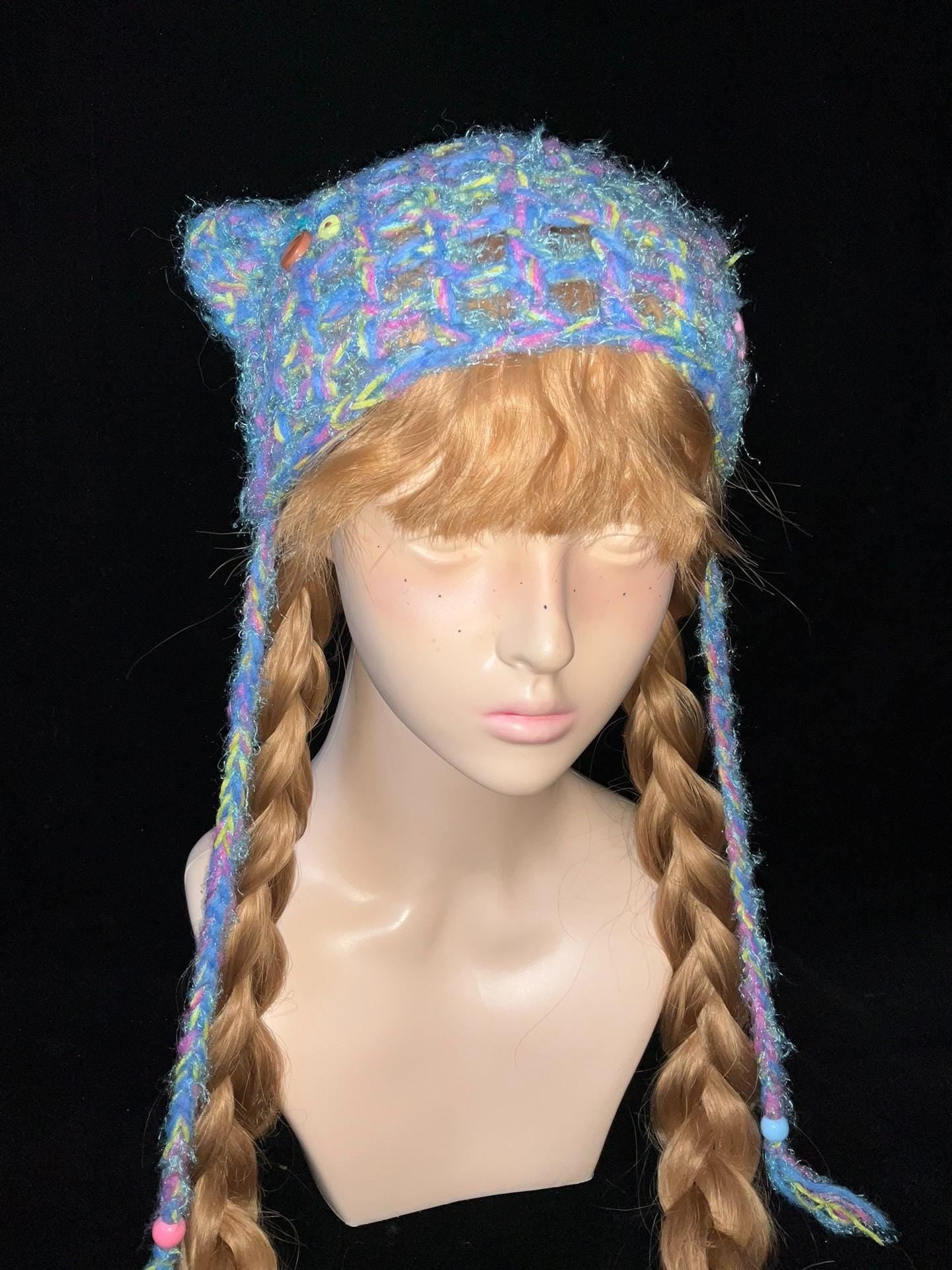 StellarPride Handmade Rainbow Knit Cat Ear Beanie - Whimsical Summer Hat