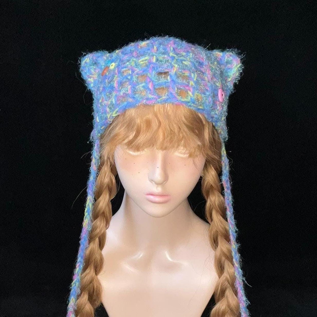 StellarPride Handmade Rainbow Knit Cat Ear Beanie - Whimsical Summer Hat