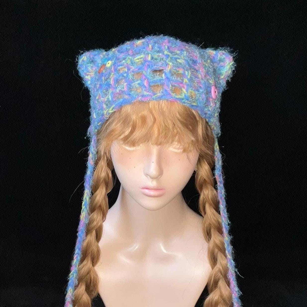 StellarPride Handmade Rainbow Knit Cat Ear Beanie - Whimsical Summer Hat