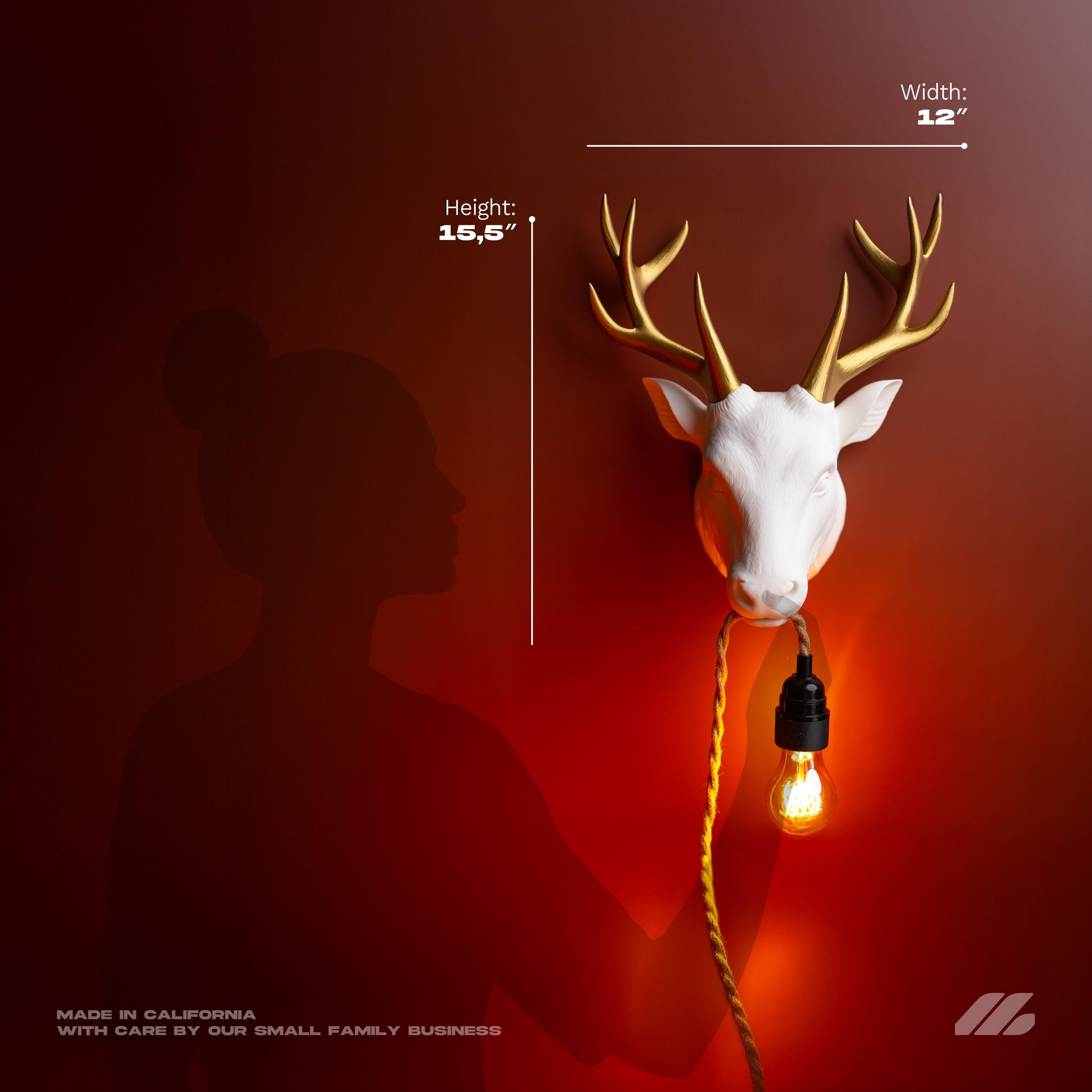 April16studio Deer Wall Lamp Handcrafted Wall Sconce Golden Antlers 12in