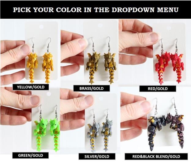 DelightfullyDutch 3D Printed Dragon Dangle Drop Earrings