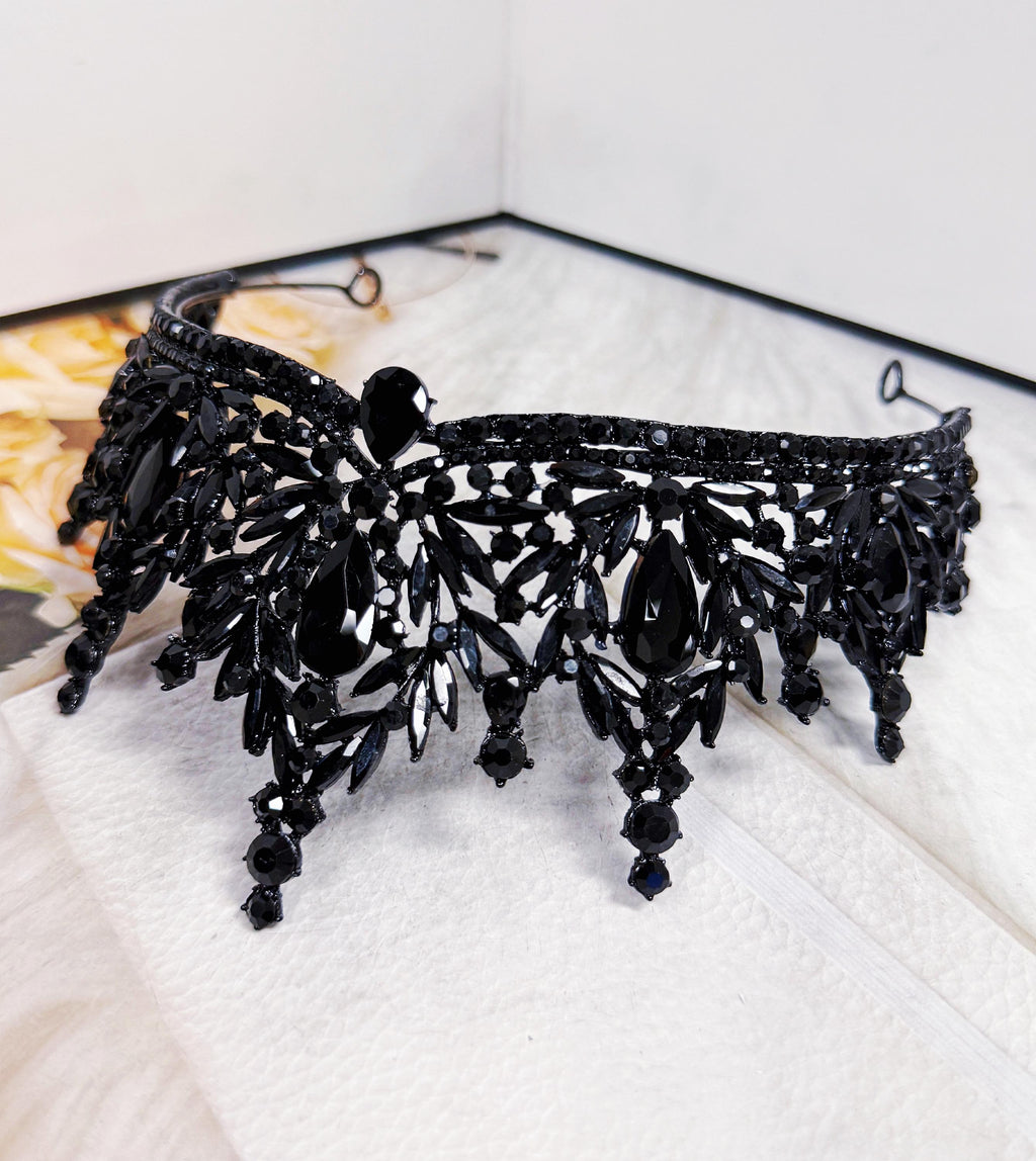HappyJewelryWorld Black Crystal Tiara Gothic Queen Crown Black