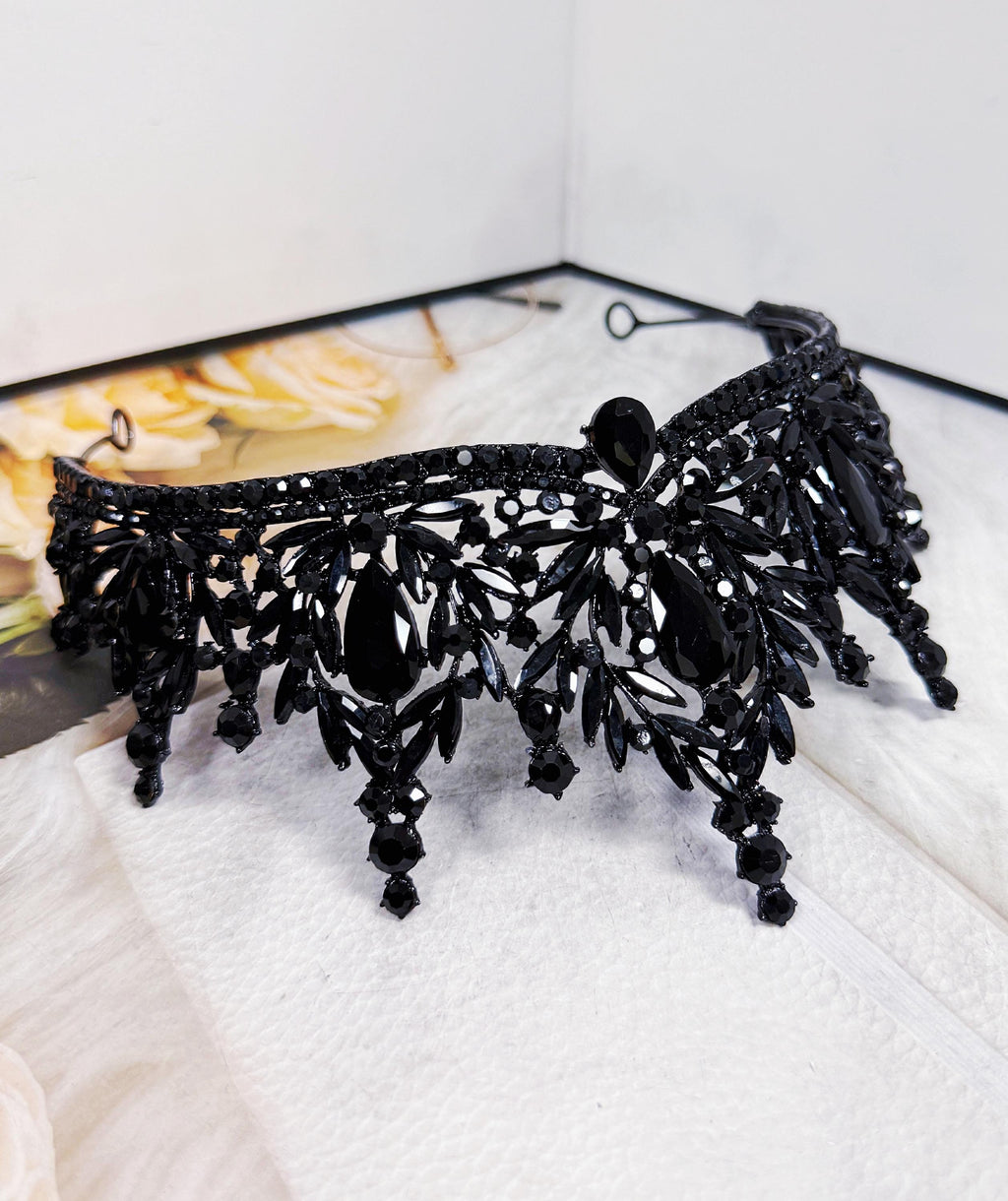HappyJewelryWorld Black Crystal Tiara Gothic Queen Crown Black
