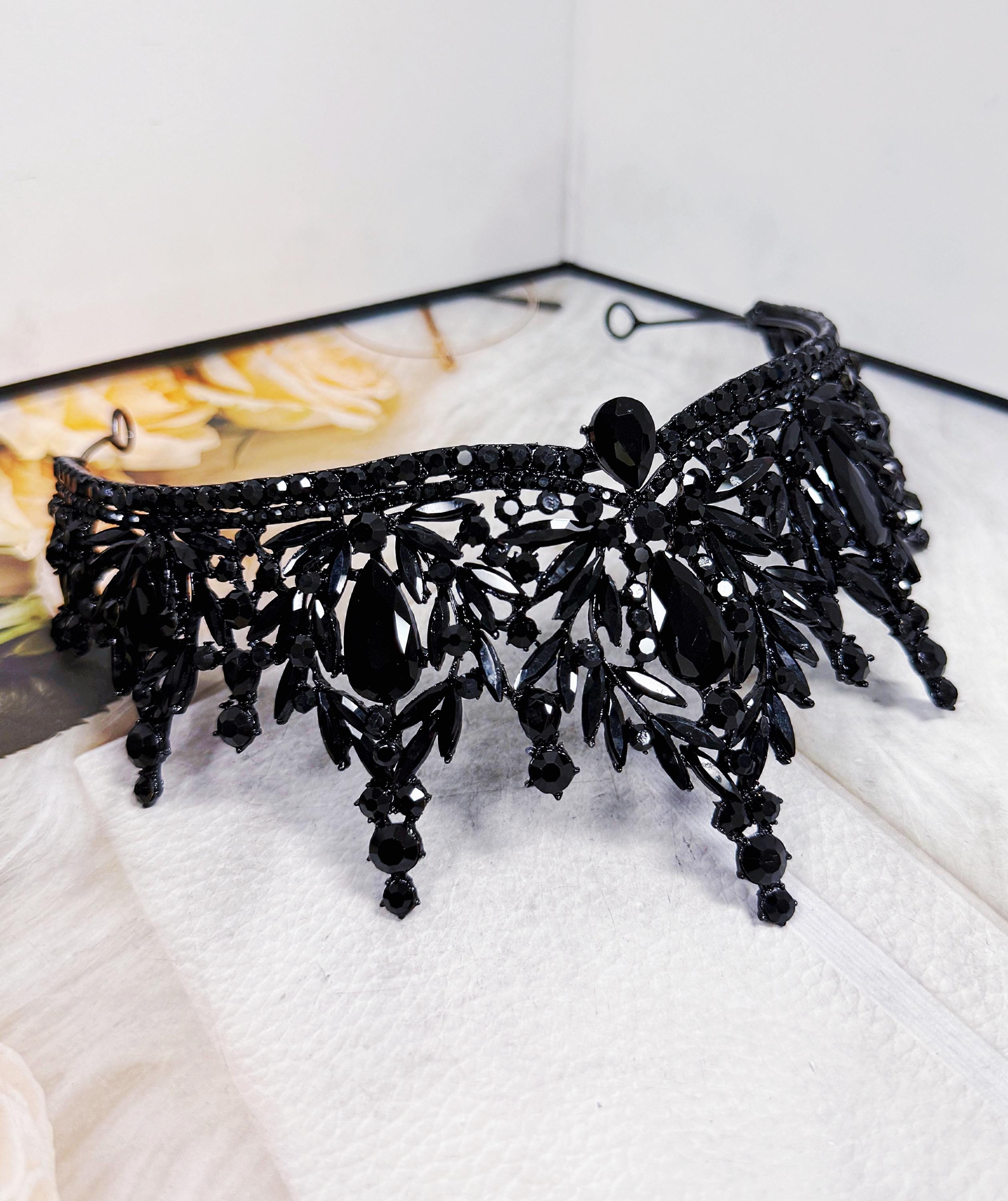 HappyJewelryWorld Black Crystal Tiara Gothic Queen Crown Black